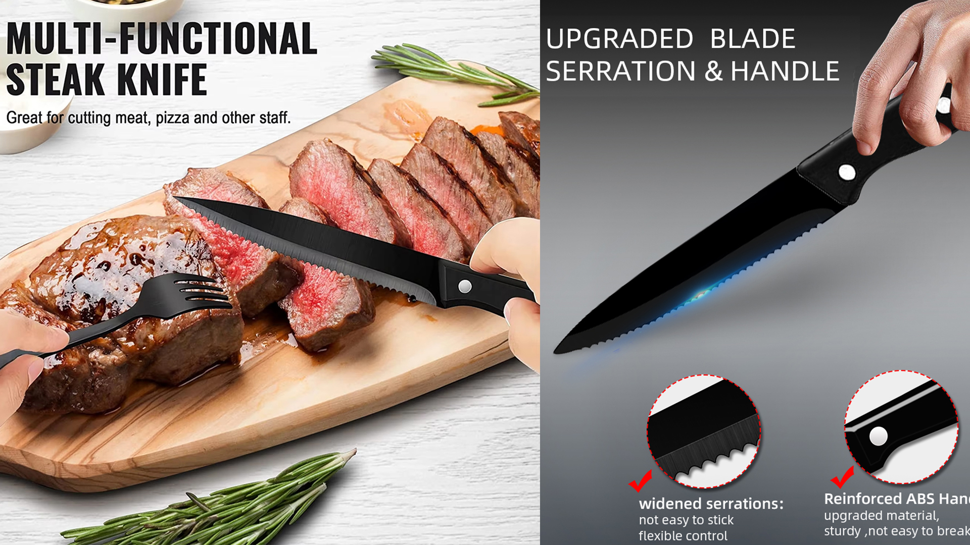 thumbnail video image 2 of Steak Knives Set of 6,Sharp Serrated Kitchen Cutting Knife for Meat Cheese Stainless Steel Black Knife Cutlery Set Dishwasher Safe, 2 of 8