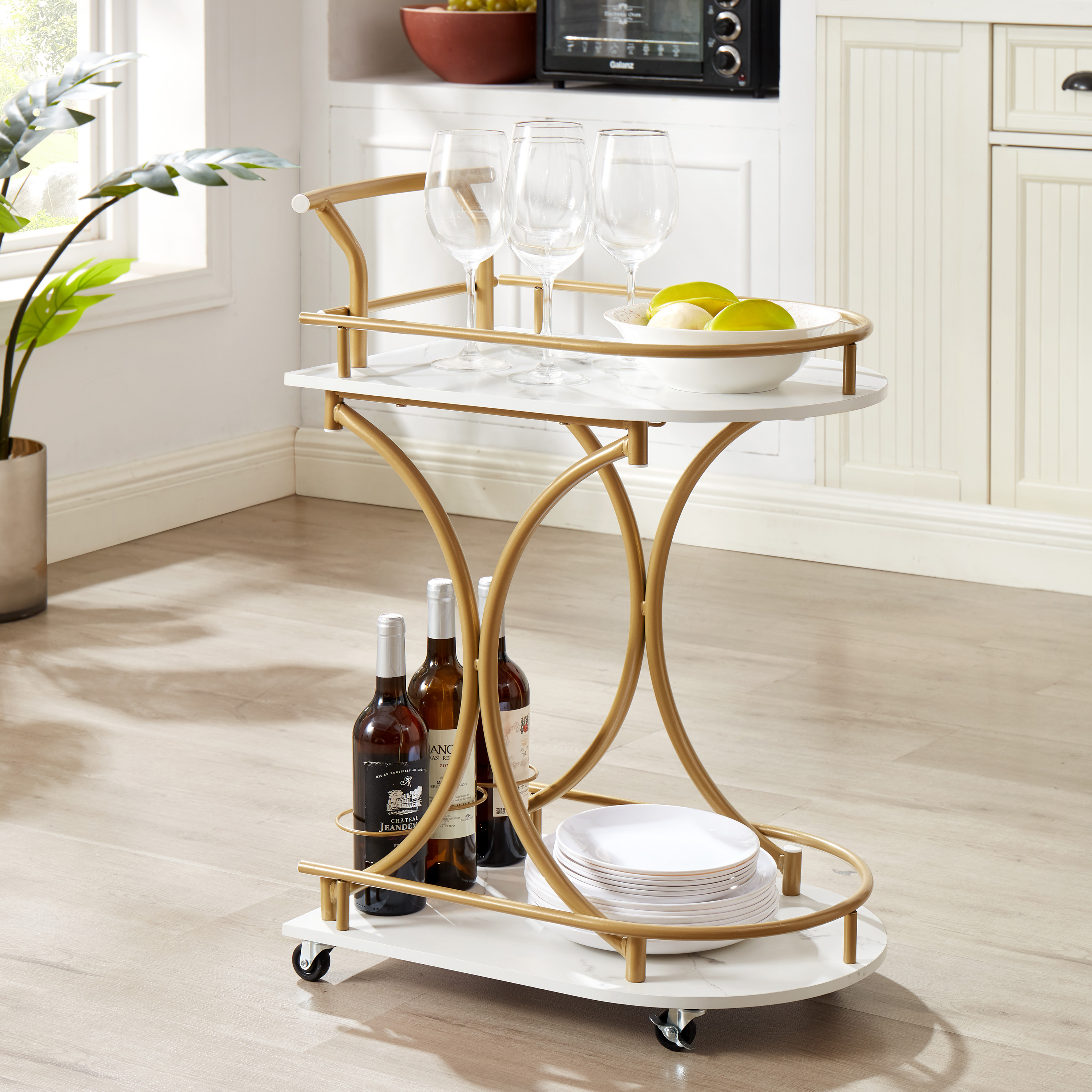 JRHRXXY 2-Tier Gold Bar Cart, Wine Cart with Glass Holder and Rack