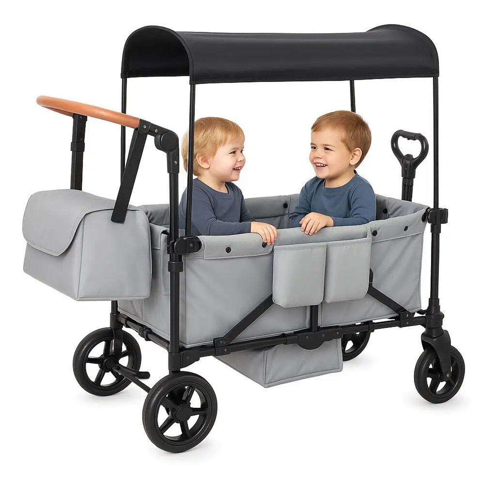 thumbnail video image 2 of Wagon Stroller For 2 Kids, 3 in 1 Push and Pull Foldable Wagon with Footwell, Foldable All-Terrain Wagon For Kids With Canopy, Adjustable Push And Pull Handles, 2 of 9
