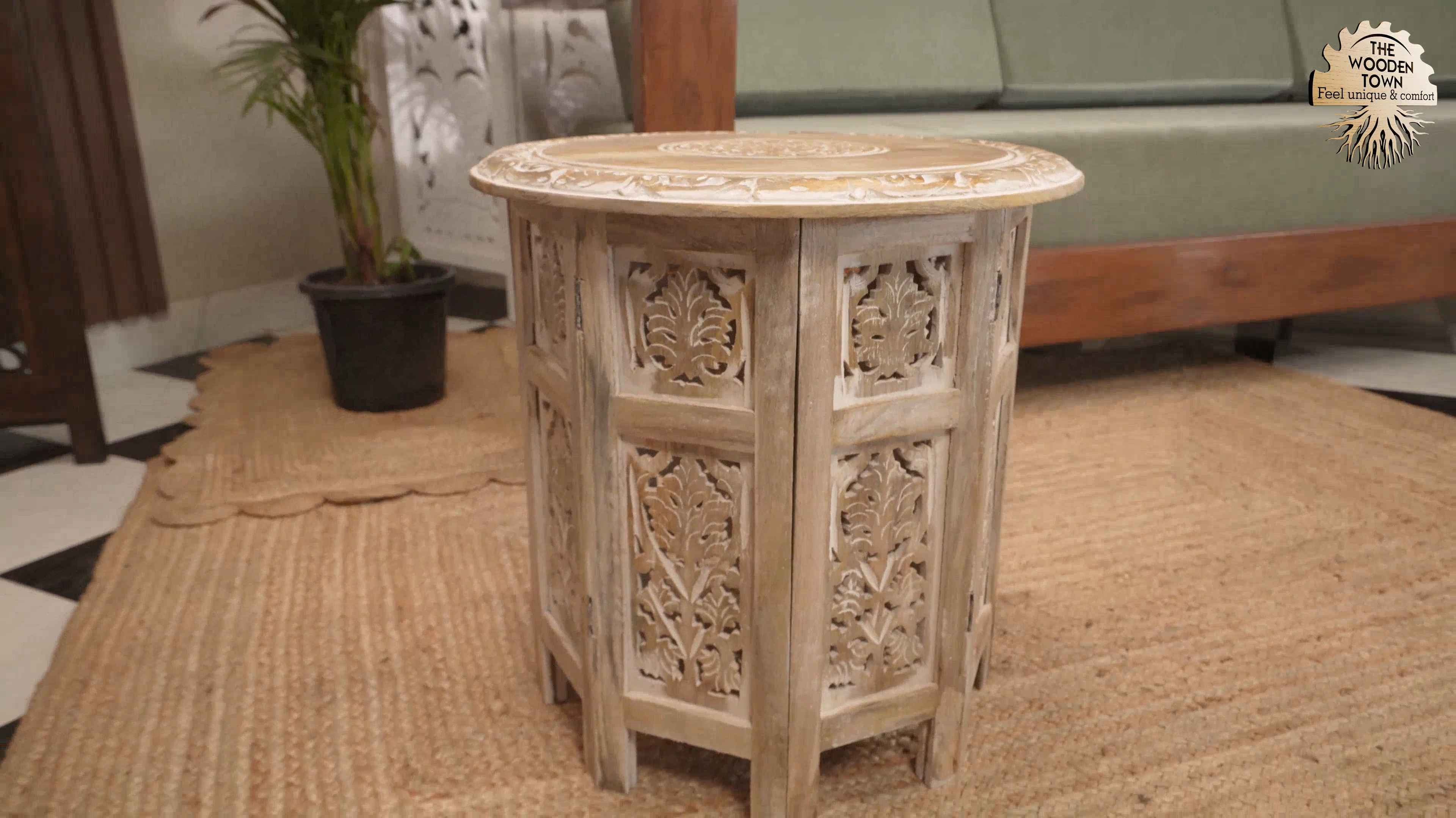 thumbnail video image 2 of The Wooden Town Carved Wood Round End Table – 18" Accent Side Table for Living Room, White Washed Small Coffee Table, Handcrafted Altar Table, Solid Wood Design, 2 of 6