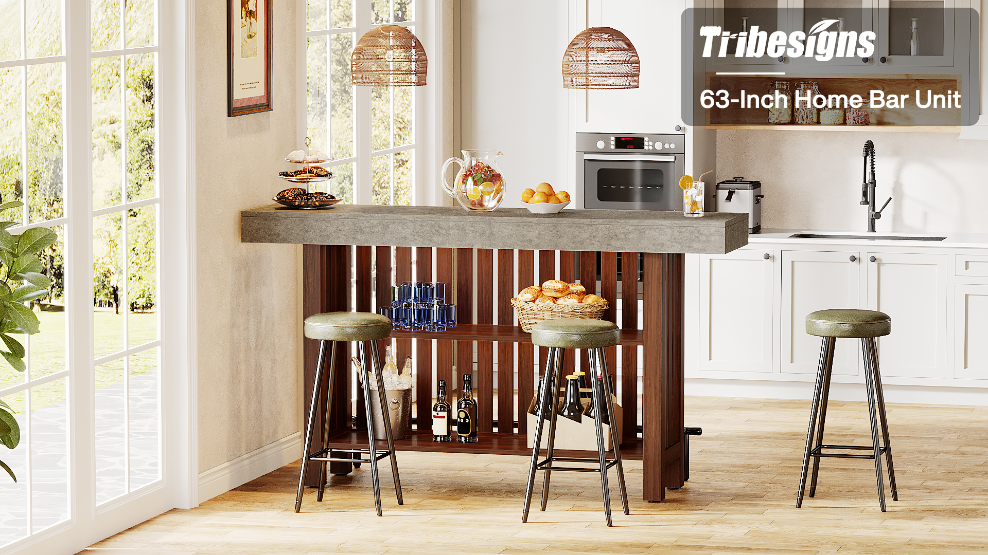 thumbnail video image 2 of Tribesigns Home Bar Unit, Modern 2-Tier Bar Table with Footrest, Corner Mini Coffee Bar Cabinet for Home Kitchen Pub, Brown, 2 of 8