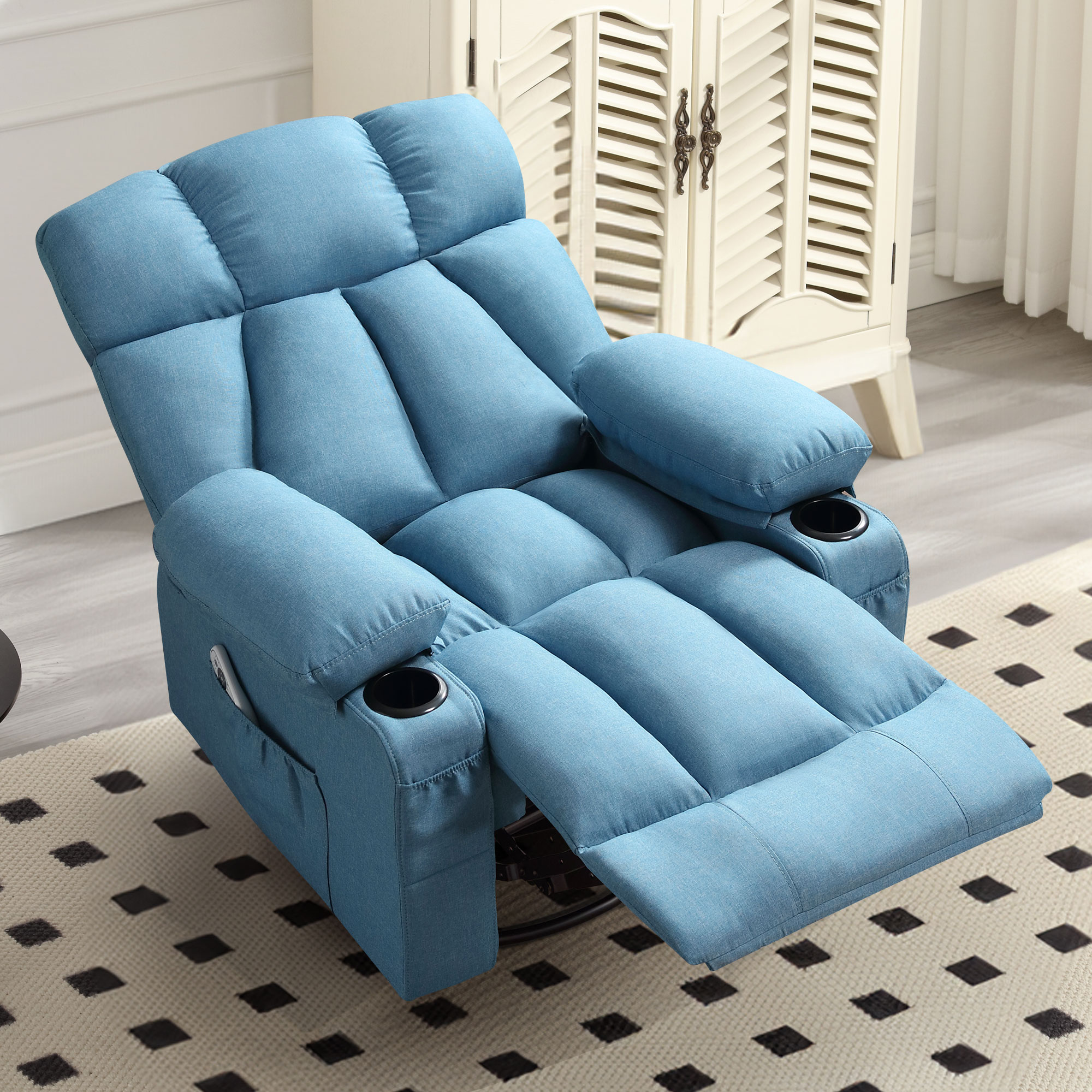 thumbnail video image 2 of JONPONY Massage Rocker Recliner Chair with Vibration Massage and Heat Ergonomic Lounge Chair for Living Room with Rocking Function and Side Pocket, 2 Cup Holders, USB Charge Port,Ligth Blue, 2 of 13