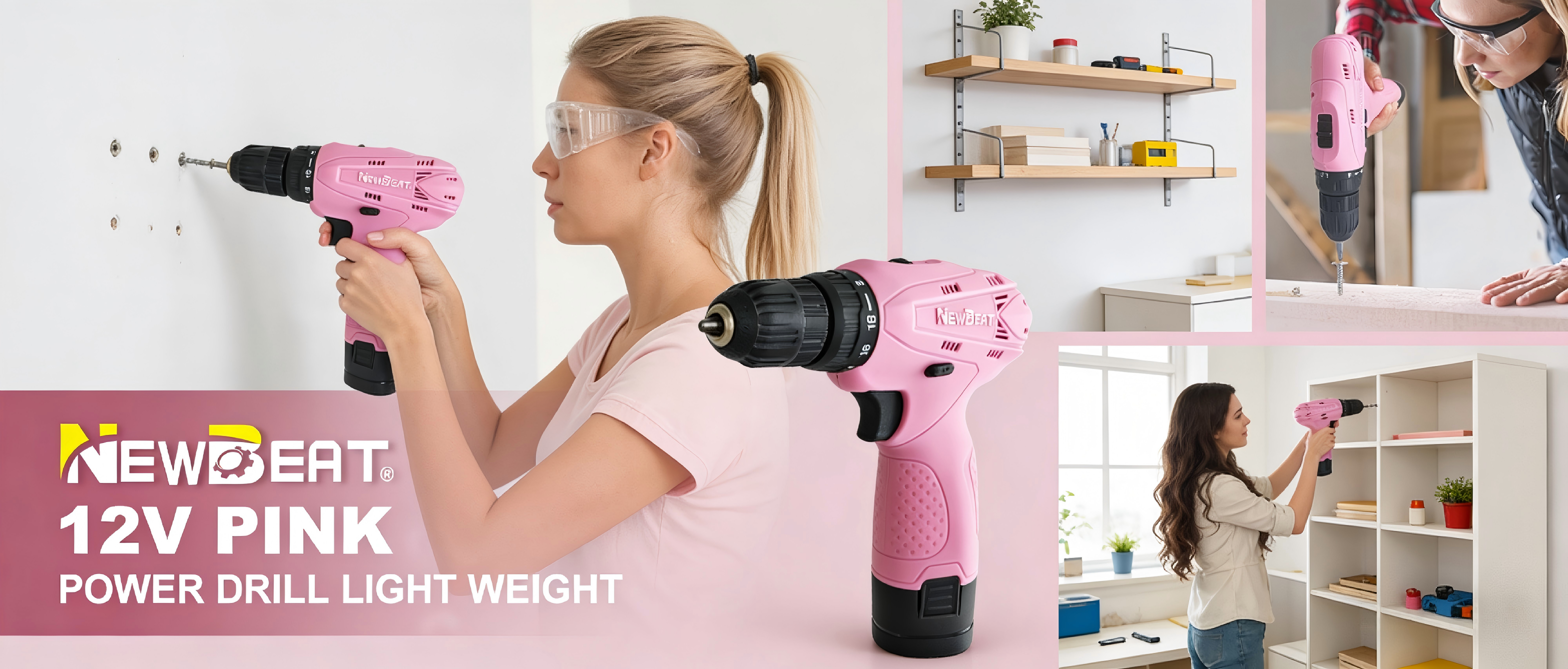 thumbnail video image 2 of NEWBEAT Pink Cordless Drill Set, 12V Power Drill with Battery and Charger, 3/8" Keyless Chuck, 2 Variable Speed, Electric Power Tools for Women Diy, 2 of 6