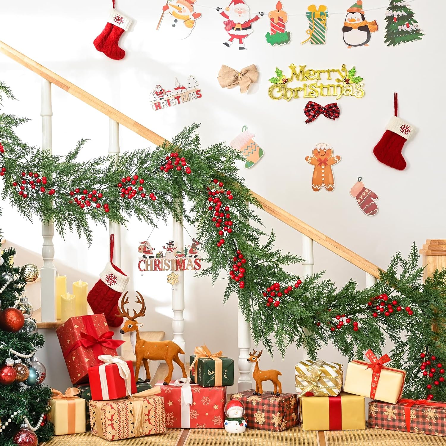 thumbnail video image 2 of Waipfaru 6ft Christmas Cedar Garland with Lights,20 LED Cypress Pine Garland with Berries,Artificial Green Christmas Garland for Door Mantel Fireplace Table Holiday Indoor Outdoor, 2 of 9