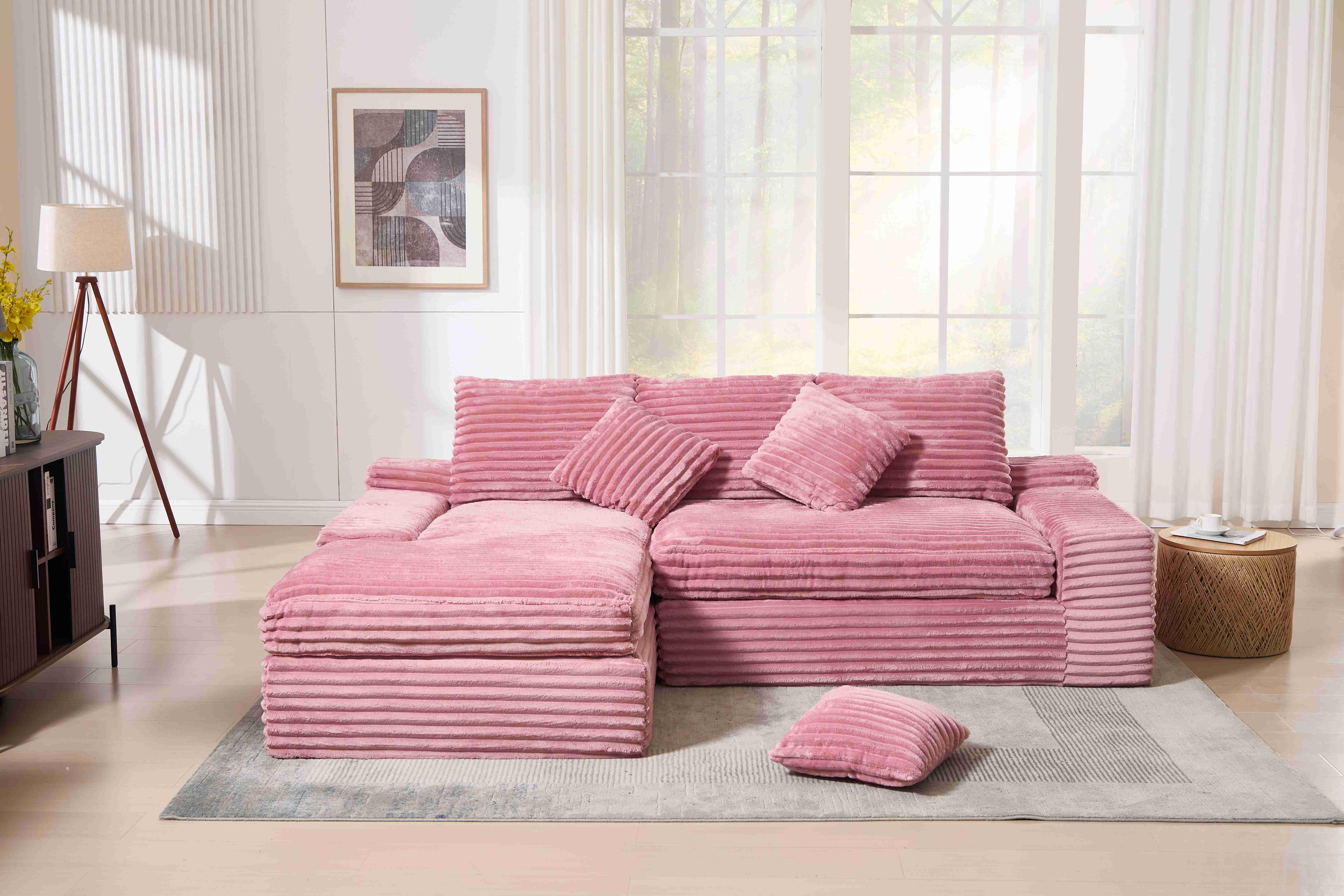 thumbnail video image 2 of JONPONY 78.7 Inch Chaise Lounge Chair Indoor, Oversized Corduroy Upholstered Boneless Sofa Bed, Deep Seat Sleeper Couch Reading Chairs, Cloud Couch for Living Room, No Assembly Required,Pink, 2 of 8