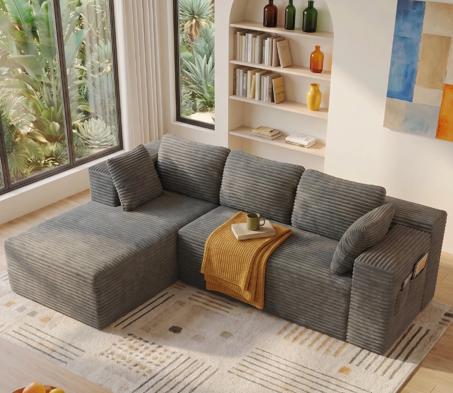 thumbnail video image 2 of Sofa, Lofka 105" Free Assembly L-Shaped Sectional with Pet Friendly Corduroy Fabric, Black for Living Room/Apartment, 2 of 12