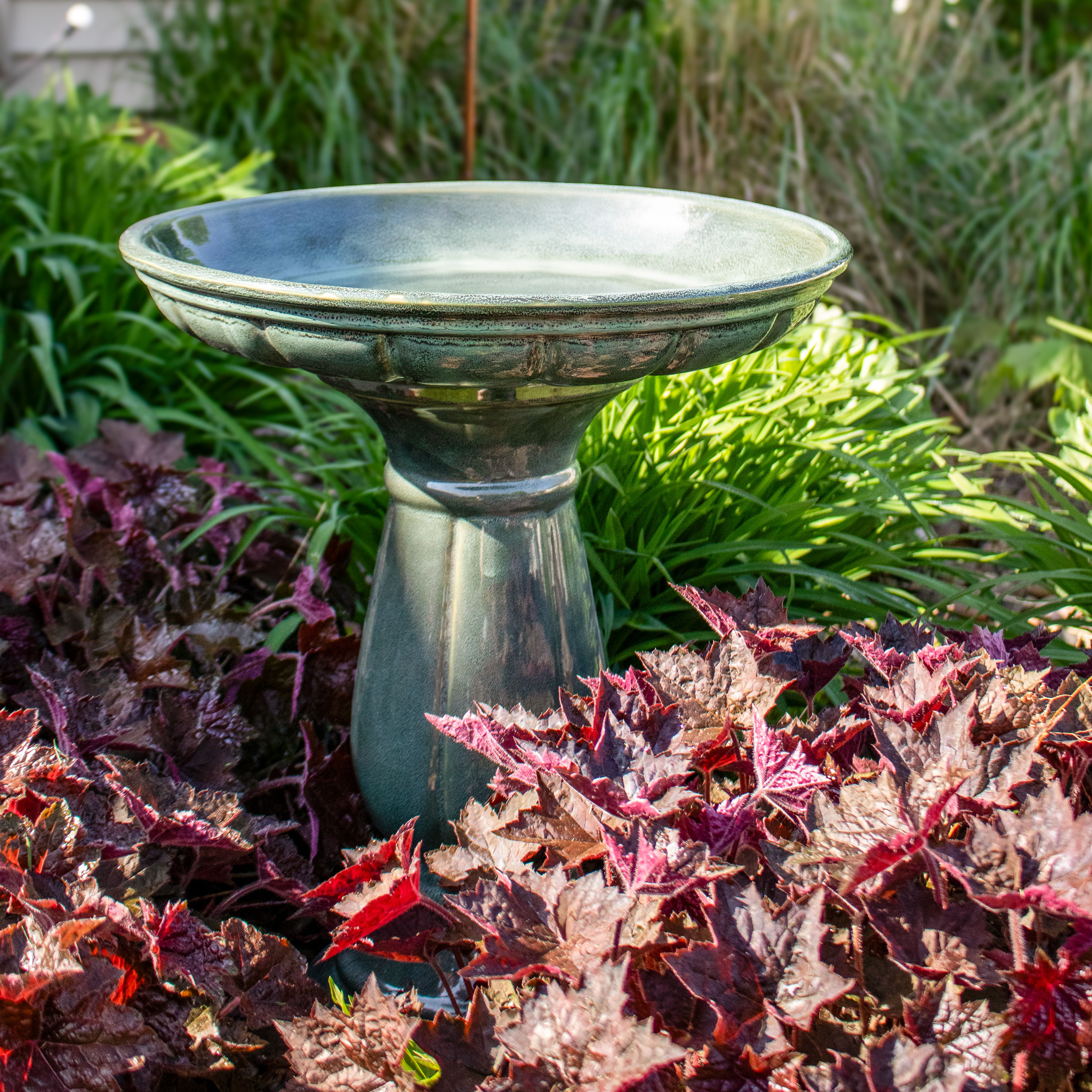 thumbnail video image 2 of Sunnydaze Avignon Freestanding Ceramic Outdoor Bird Bath, UV-Resistant Green Mist Finish, 2 of 11