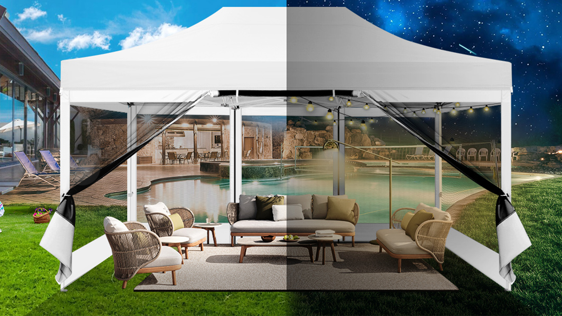 thumbnail video image 2 of HOTEEL 10x15 Heavy Duty Canopy Tent, Pop up Canopies with Netting Screened ,Waterproof Ez up Canopy with Sidewalls, Outdoor Instant Party Tent for Backyard,Gray, 2 of 8