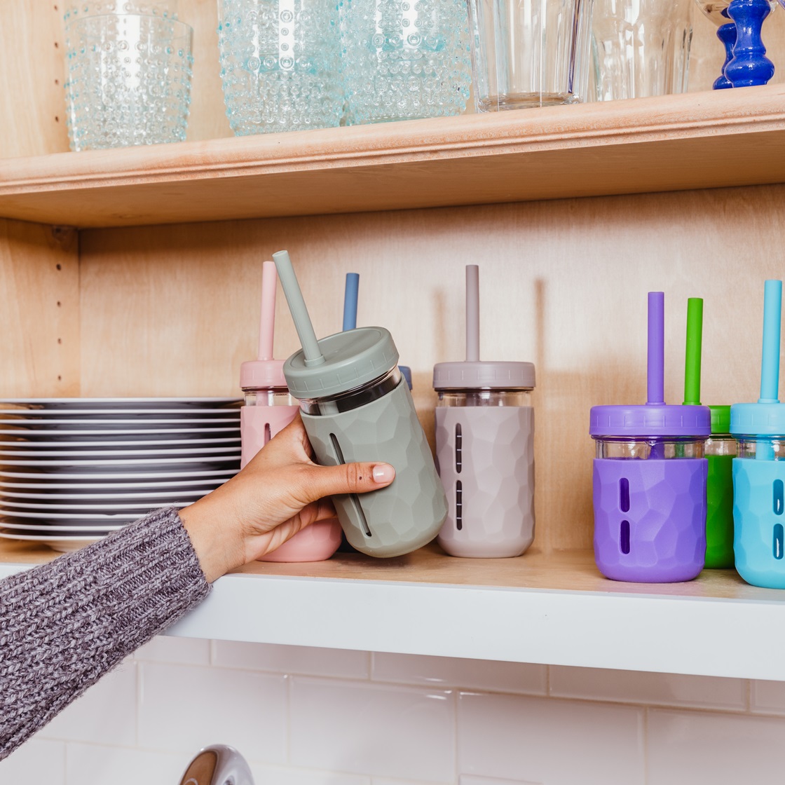 thumbnail video image 2 of WeeSprout Glass Cups with Lids & Straws, Spill-resistant Cups for Toddlers & Kids - 8/12oz, Set of 4, 2 of 7