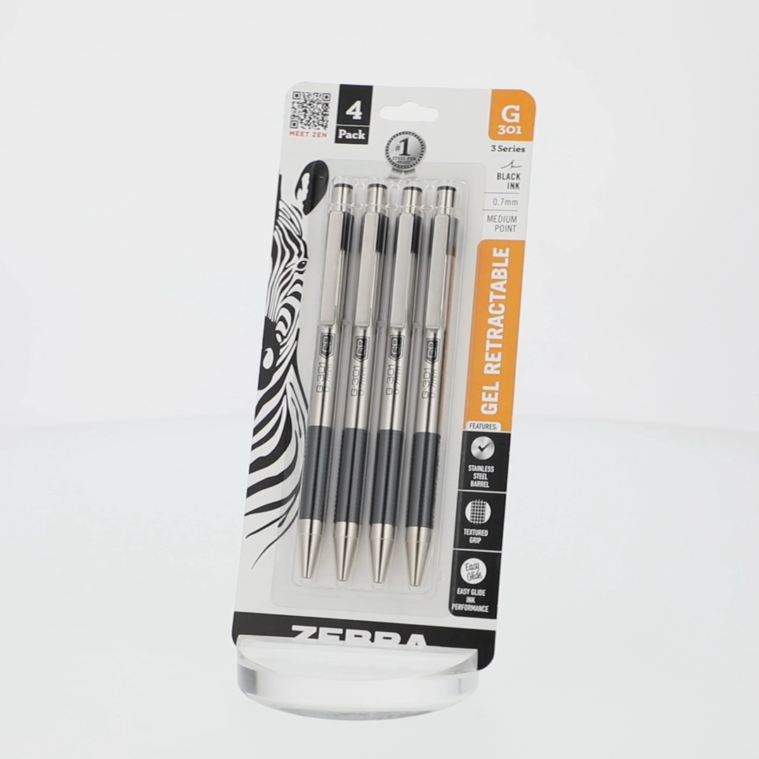Zebra G-301 Stainless Steel Retractable Gel Pen, 0.7mm, 4pk