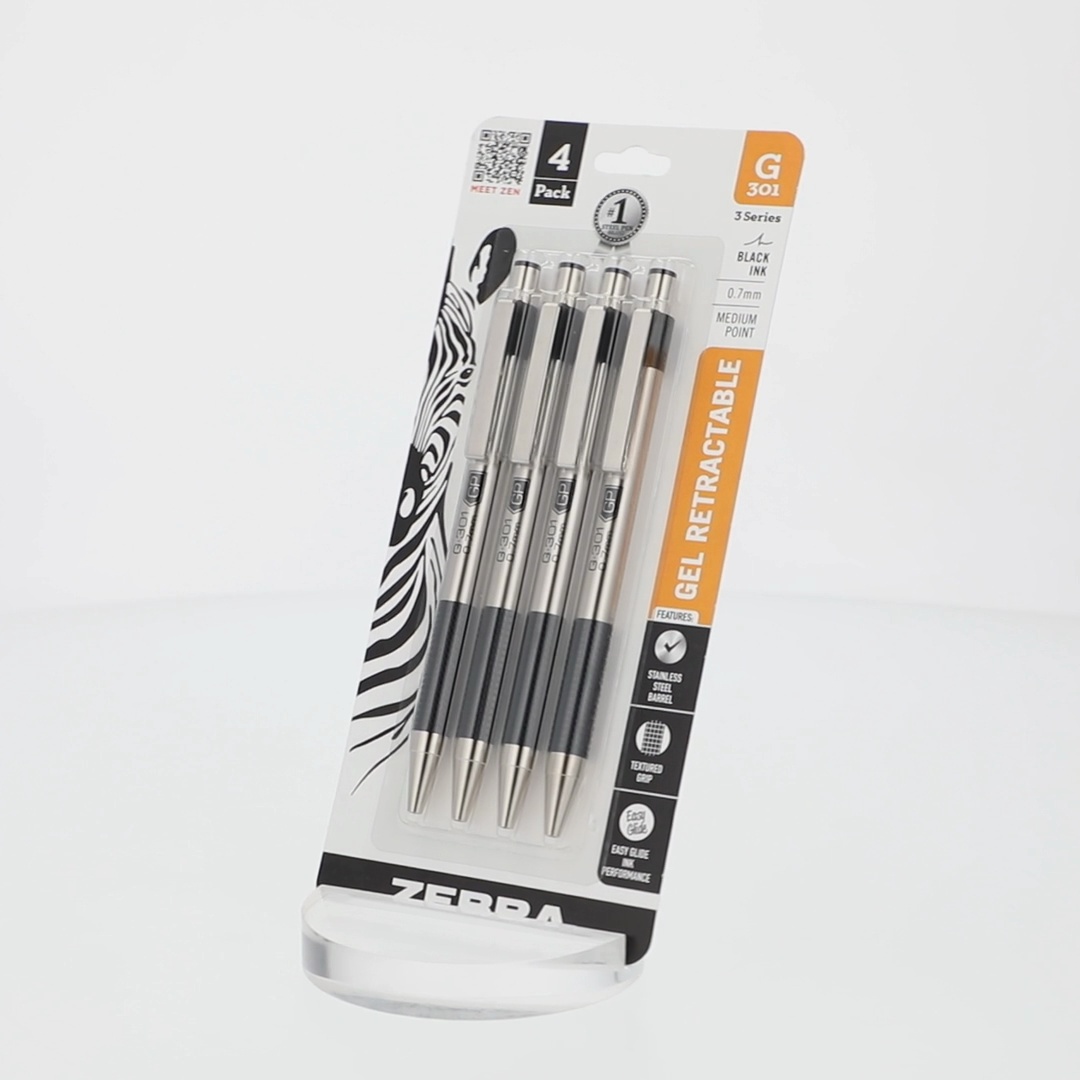 Zebra G-301 Stainless Steel Retractable Gel Pen, 0.7mm, 4pk