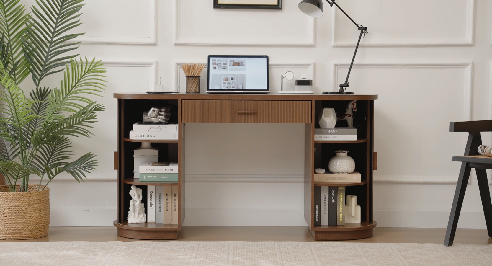 thumbnail video image 2 of 58 inch Home Office Desk with Charging Station, Fluted Executive Computer Desk with Drawers and Storage Cabinet, Large Wood Writing Table for Study, Living Room, Bedroom Workstation,Elegant Black, 2 of 9