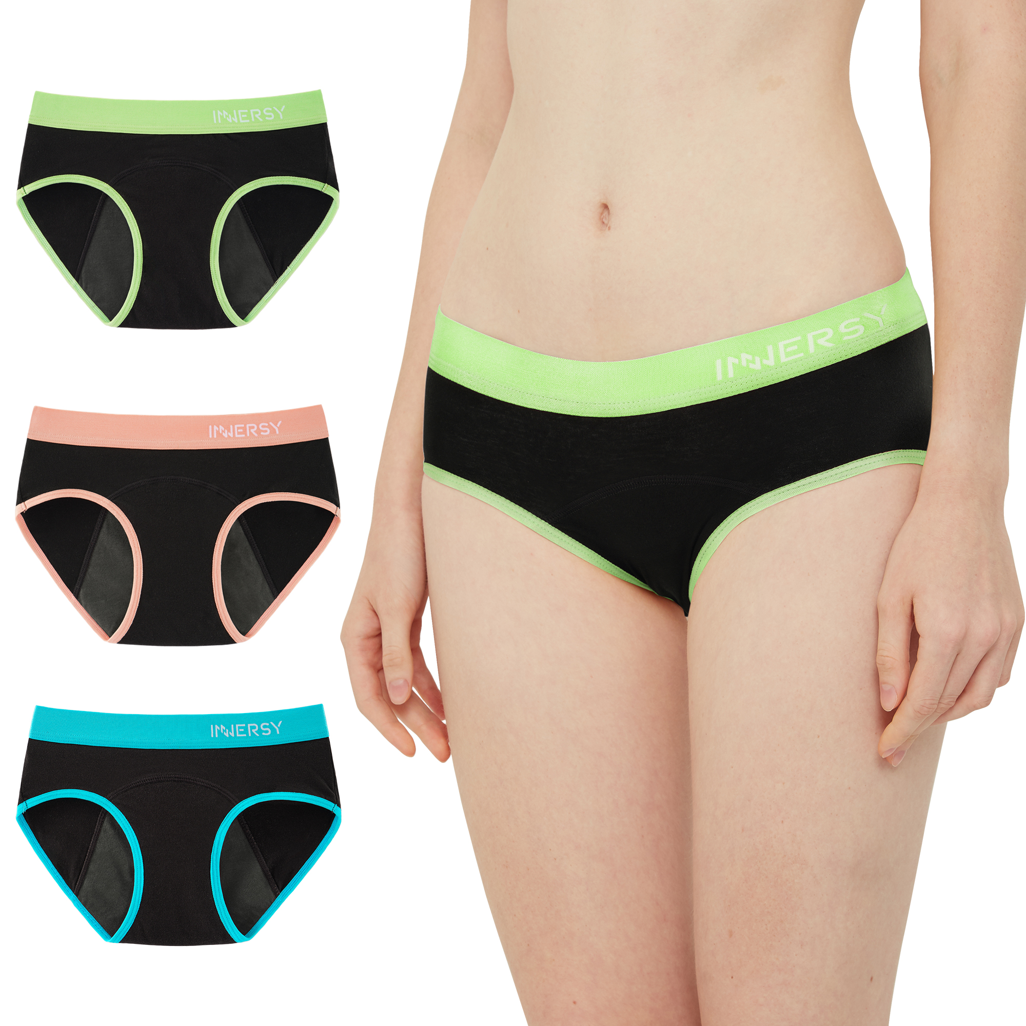 thumbnail video image 2 of INNERSY Big Girls' Period Panties Cotton Menstrual Underwear For Teens 3-Pack (12-14 Years,Black/Green Band), 2 of 9