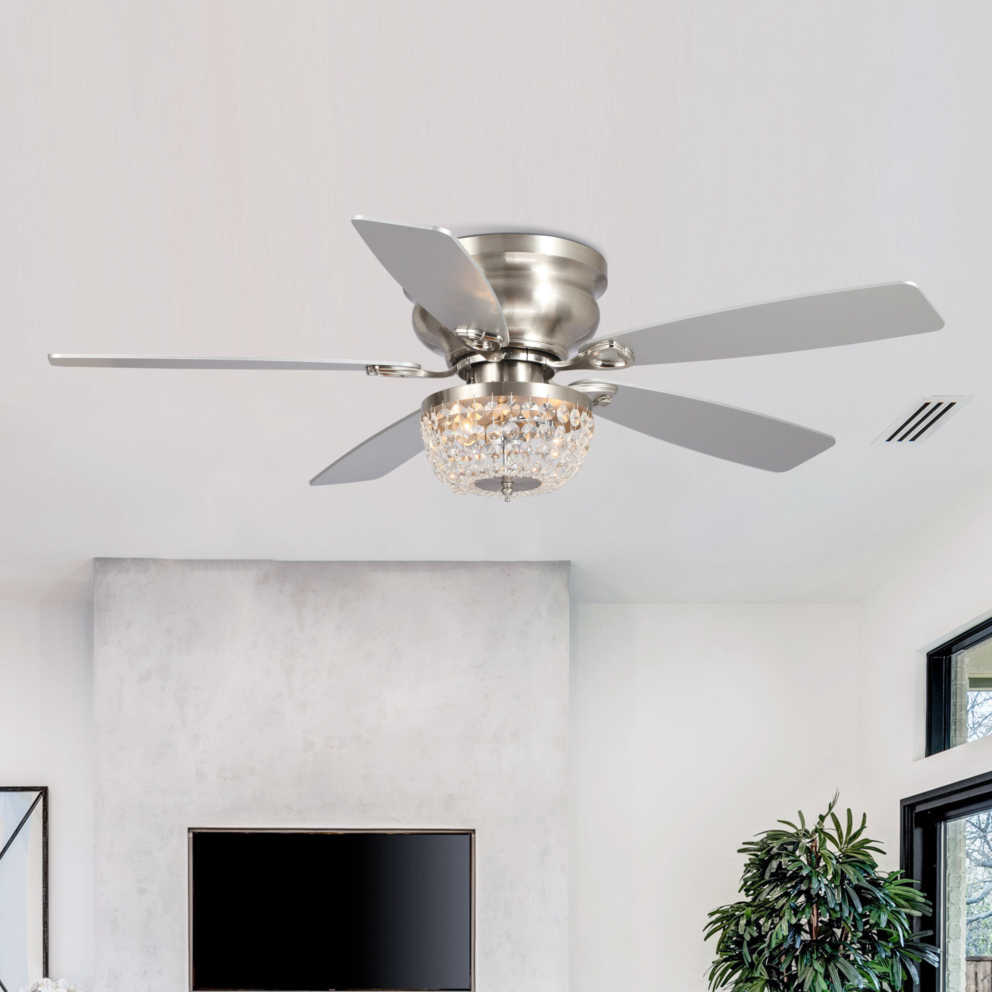 thumbnail video image 2 of Parrot Uncle Modern 48 inch Brushed Nickel Chandelier Flush Mount Ceiling Fan, Indoor Reverse Fandeliers with Lights and Remote, 2 of 12