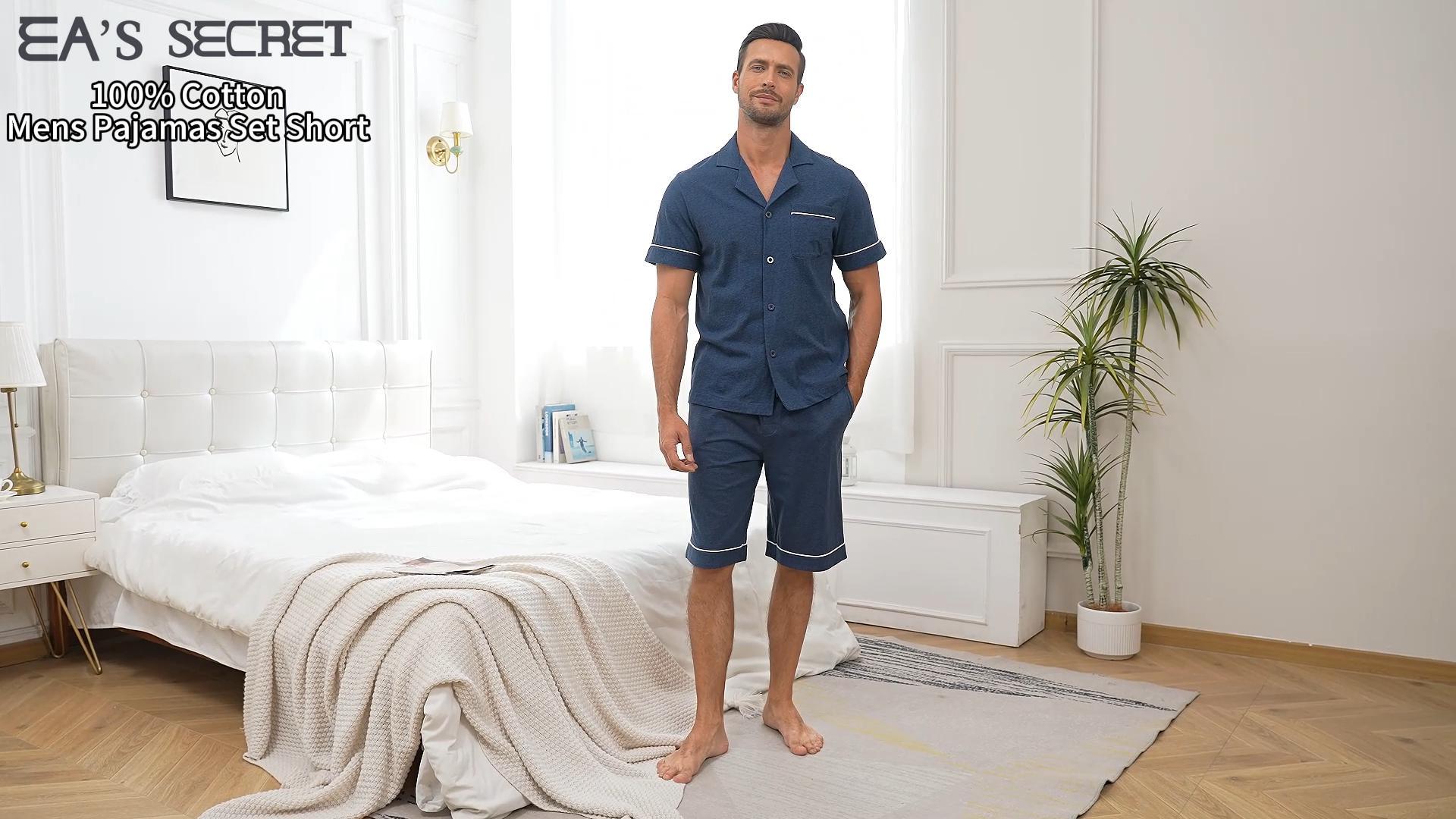 thumbnail video image 2 of EA'S SECRET Mens Pajamas Set 100% Cotton Short Sleepwear Sets Classic Button Down Loungewear Summer Mens Pjs Sets With Pockets (Army Green,S), 2 of 7