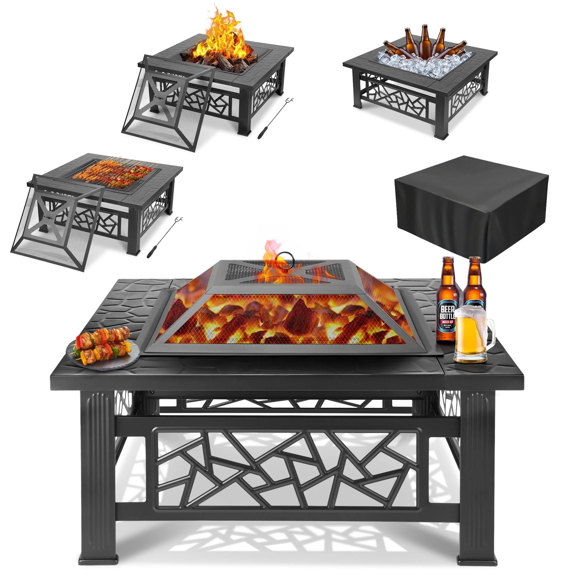 thumbnail video image 2 of 32" Fire Pits for Outside, Updated Segmart Outdoor Firepit with Fireplace Screen, Lid Square Wood Burning Fireplace Heater/Ice Pit for Camping, Outdoor Heating, Bonfire and Picnic, Black, 2 of 13