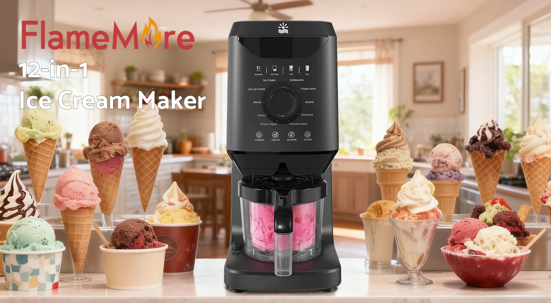 thumbnail video image 3 of Flamemore 12-in-1 Ice Cream Maker with (2) Pint Containers &Lids, Self Cleaning, 1500W Frozen Yogurt Machine for Milkshake, Sorbet, Black, 3 of 12