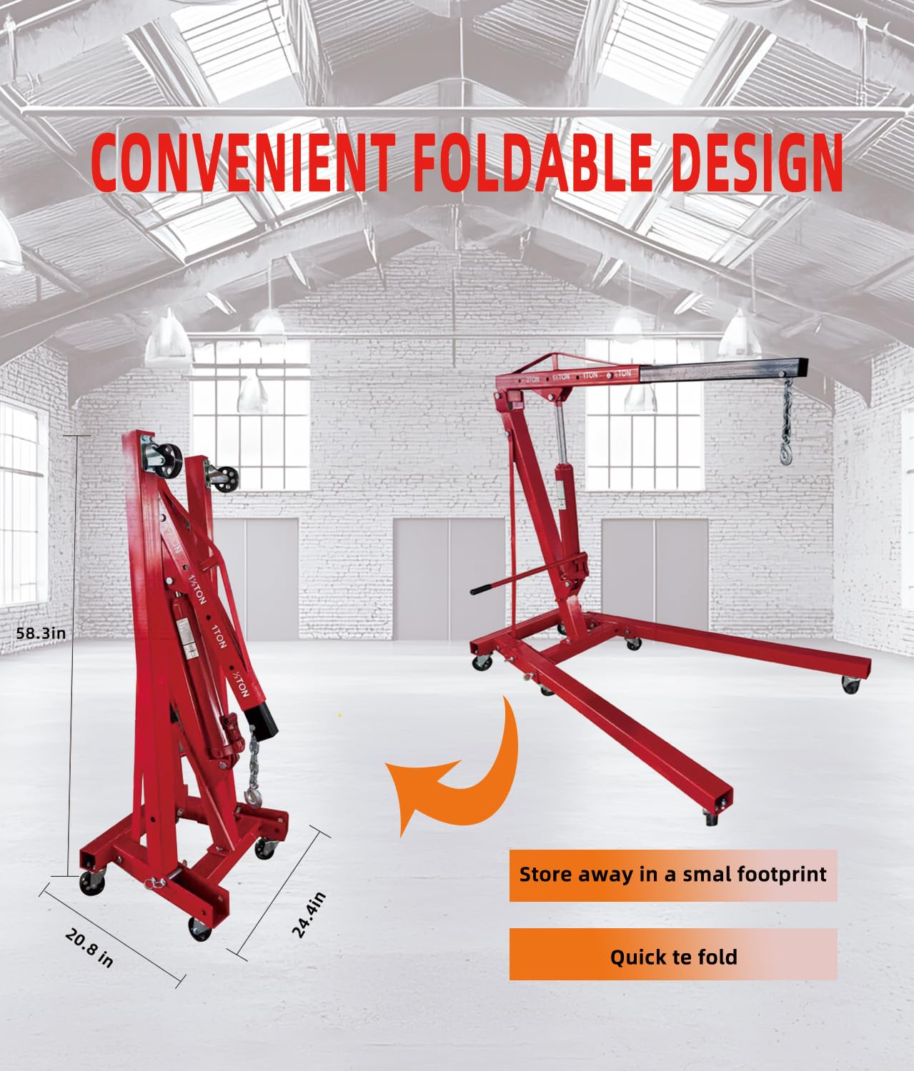 thumbnail video image 2 of 2-ton folding cherry picker engine hoist, 4400lb hydraulic lift, telescopic boom, red, heavy-duty with 6 casters for shop use, 2 of 8