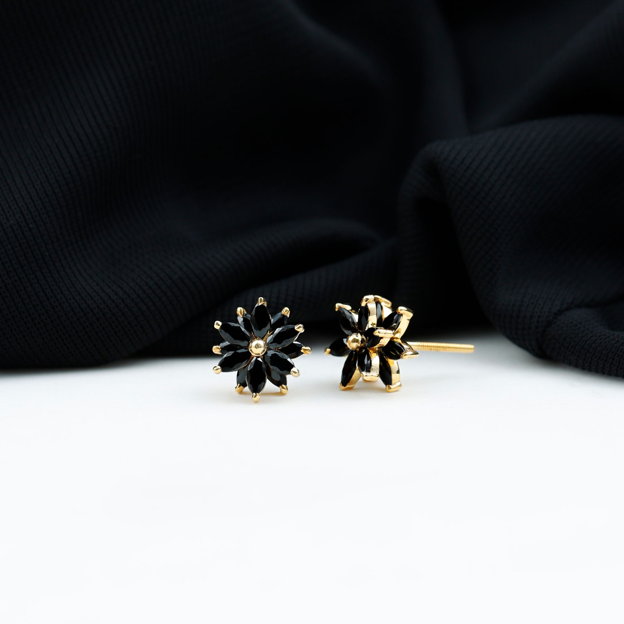 thumbnail video image 2 of Rosec Jewels Statement Floral Stud Earrings with Black Onyx for Women - AAA Quality, 14K Yellow Gold, 2 of 8