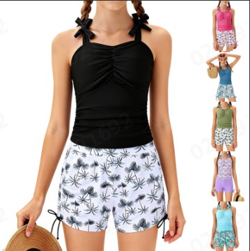 thumbnail video image 2 of Swimsuit for Girls Size 7-8 Years Girls Tankini Swimsuit 2 Piece Ruched Tie Straps Swimwear Swim Shorts Girl Bathing 7 16Y, 2 of 5