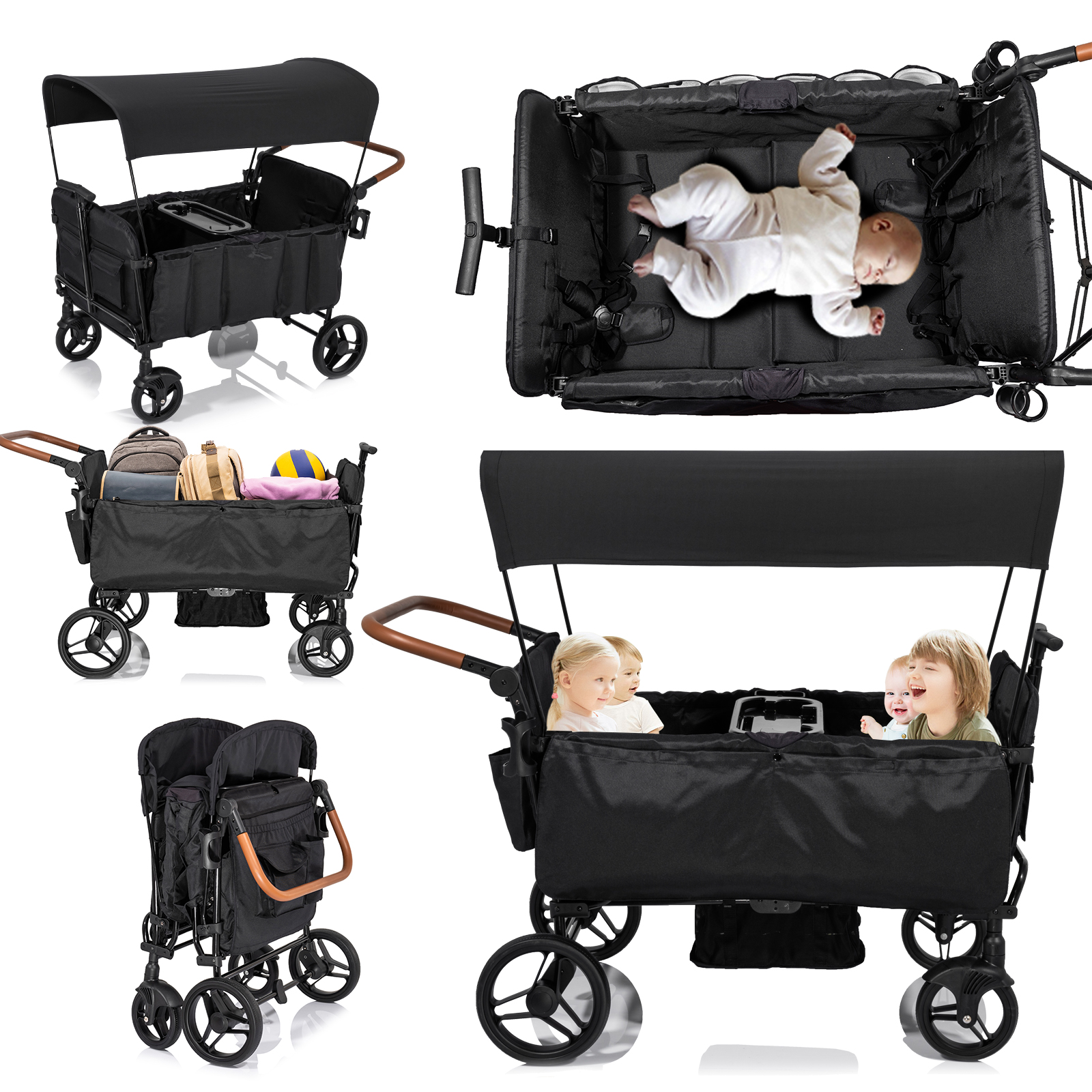 thumbnail video image 2 of Wagon Stroller for 4 Kids-Toddler with 5-Point Harness,Adjustable Handle Bar and Canopy,Footwells,Tray Table,Cup Holder, 2 of 11
