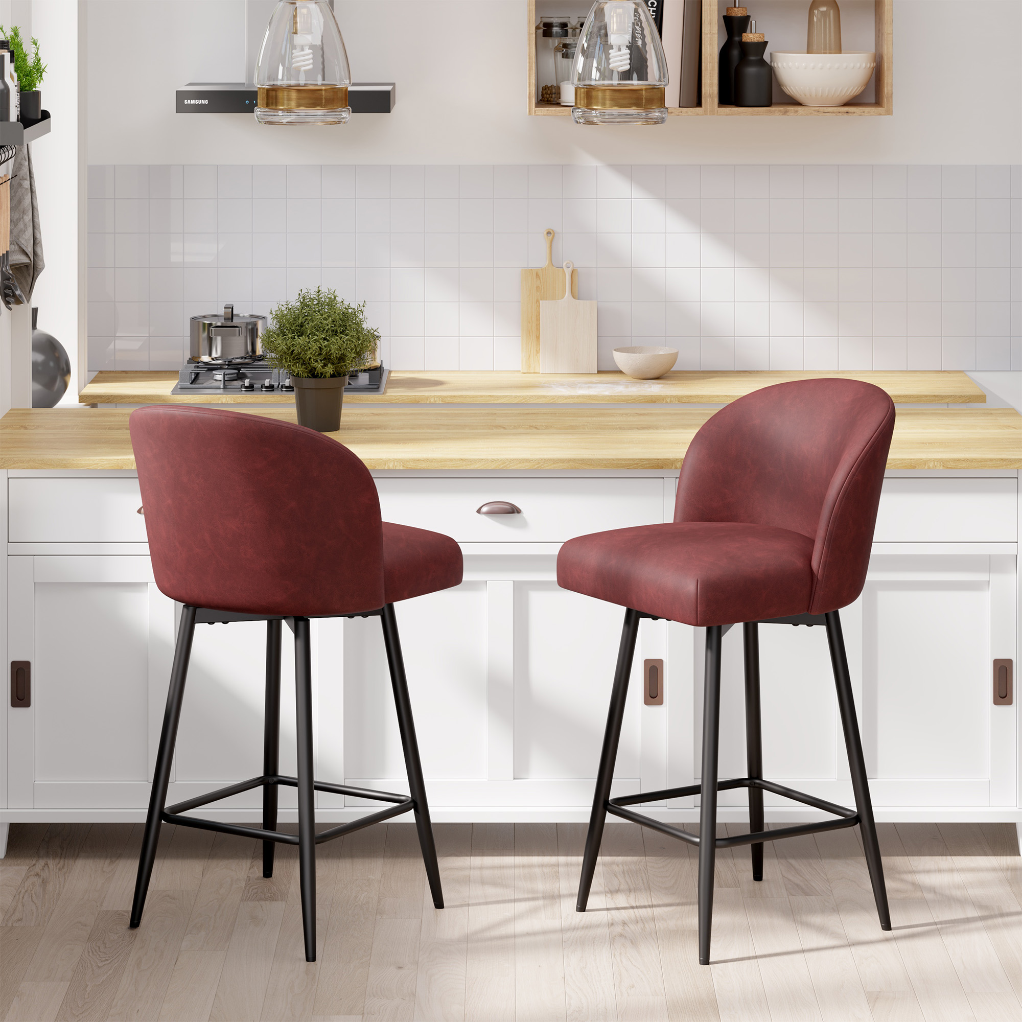 thumbnail video image 2 of Hawsaiy Swivel Bar Stools Set of 2, 27.5" PU Leather Bar Chairs with High Back & Metal Legs for Kitchen Island & Dining Room, 2 of 10
