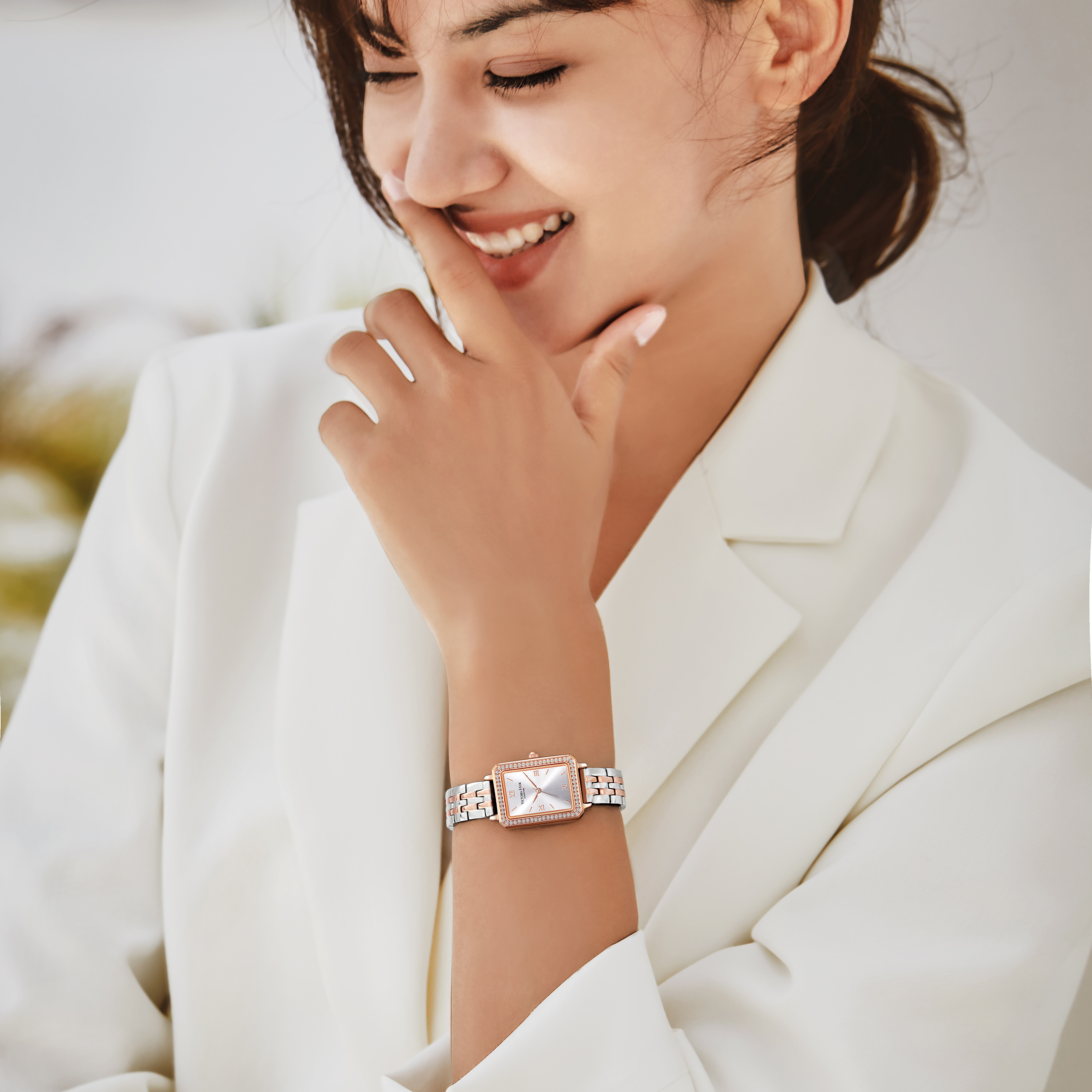 thumbnail video image 2 of Victoria Hyde Two Tone Rose Gold Rectangular Watches for Women, Stainless Steel Mother of Pearl Dial Womens Watch, 2 of 11