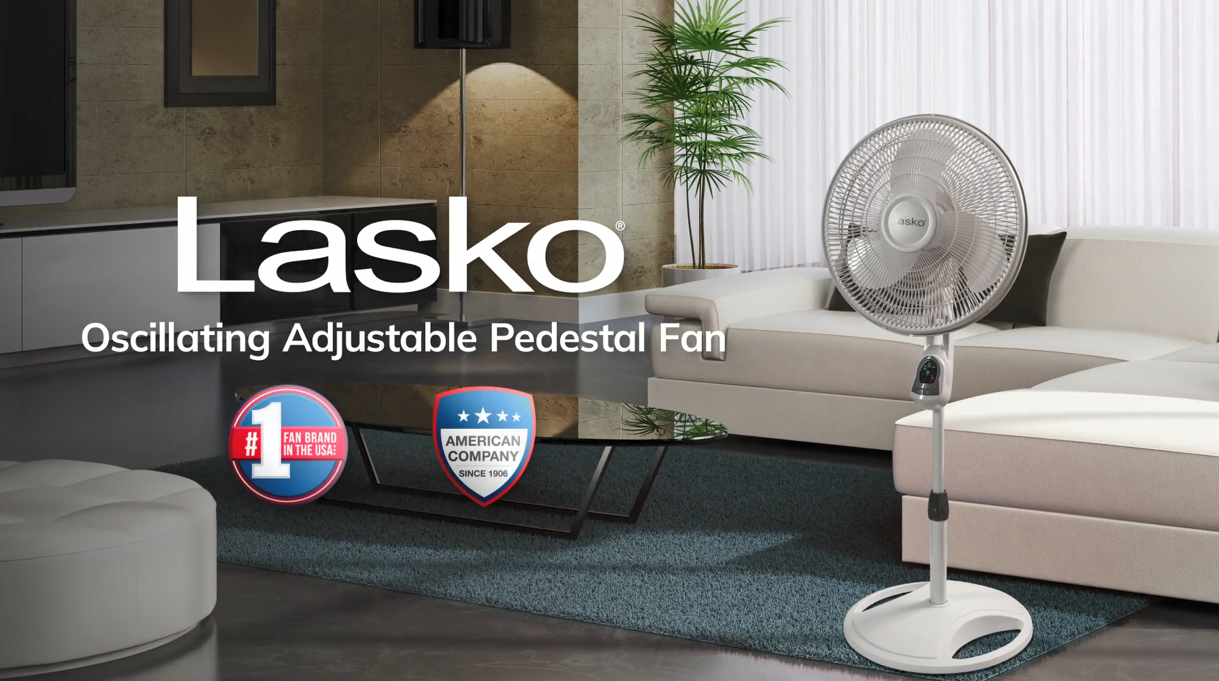 thumbnail video image 2 of Lasko 16" 3-Speed Oscillating Remote Controlled Adjustable Pedestal Fan, White, 1646, 2 of 14