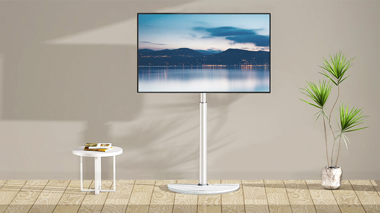 thumbnail video image 2 of RTVR Floor TV Mount Stand for 32-65 inch Flat Screens, Swivel Adjustable Corner TV Stand with Semi-Circular Marble Pattern Base, White, 2 of 12