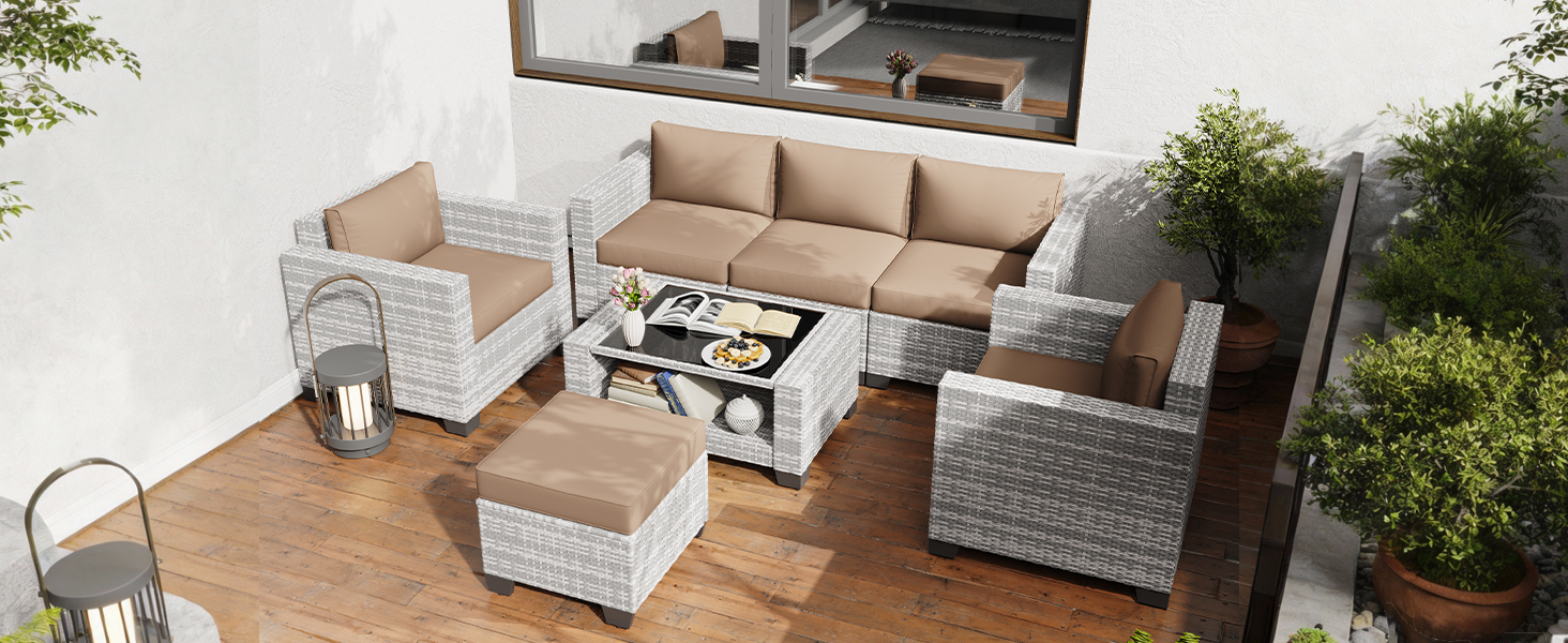 thumbnail video image 2 of KIGOTY 7 Piece Outdoor Patio Furniture, Wicker Rattan Outdoor Conversation Set Sectional Sofas for Backyard, Garden, Gray-White Rattan-Camel, 2 of 7