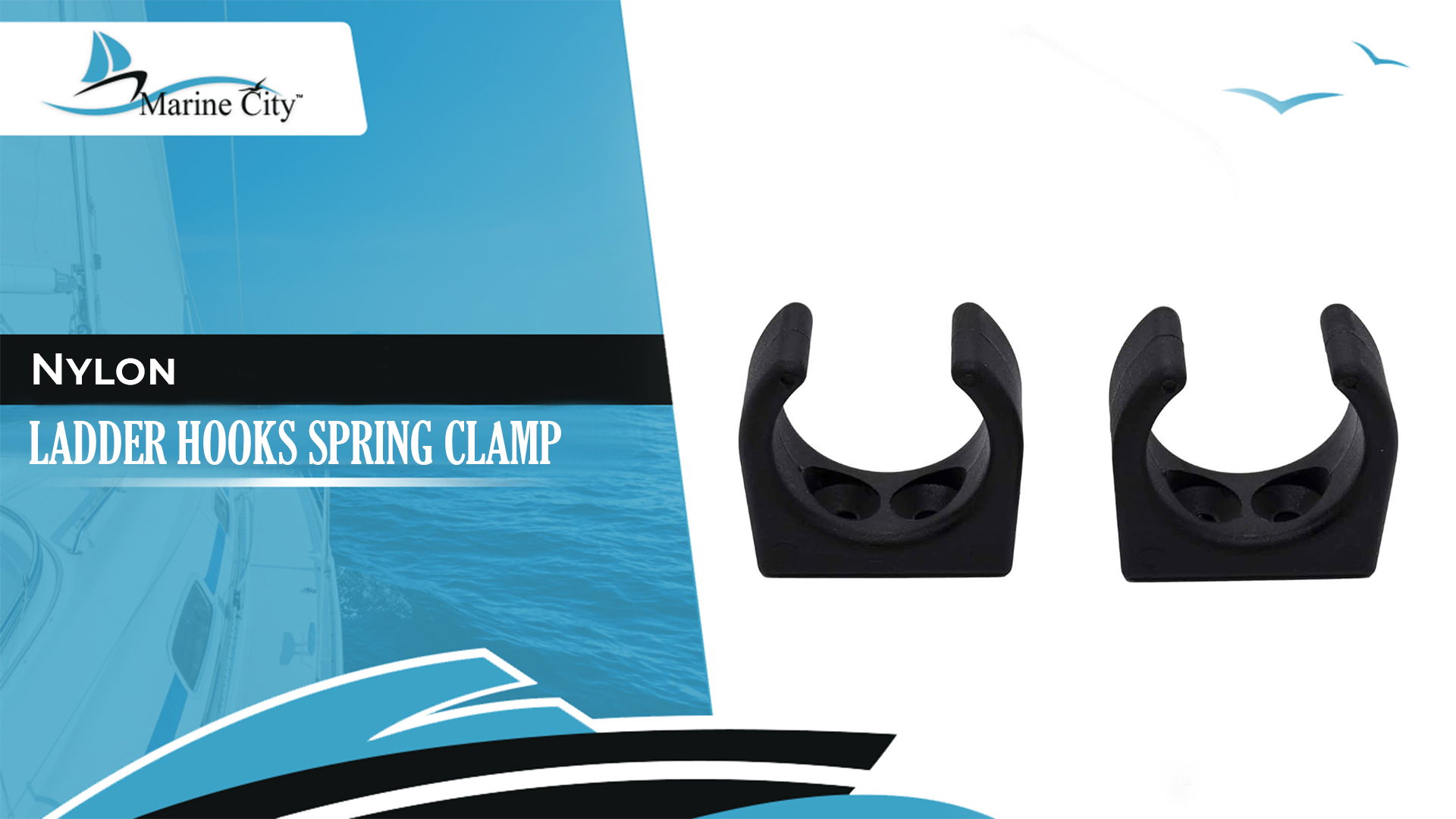 thumbnail video image 2 of MARINE CITY Nylon Ladder Hooks Lightweight Spring Clamp for Easy Access Storage, Smooth Design, 1-1/4 Inches Diameter, Ideal for Boats, Marines, and Yachts Pack of 2, 2 of 8