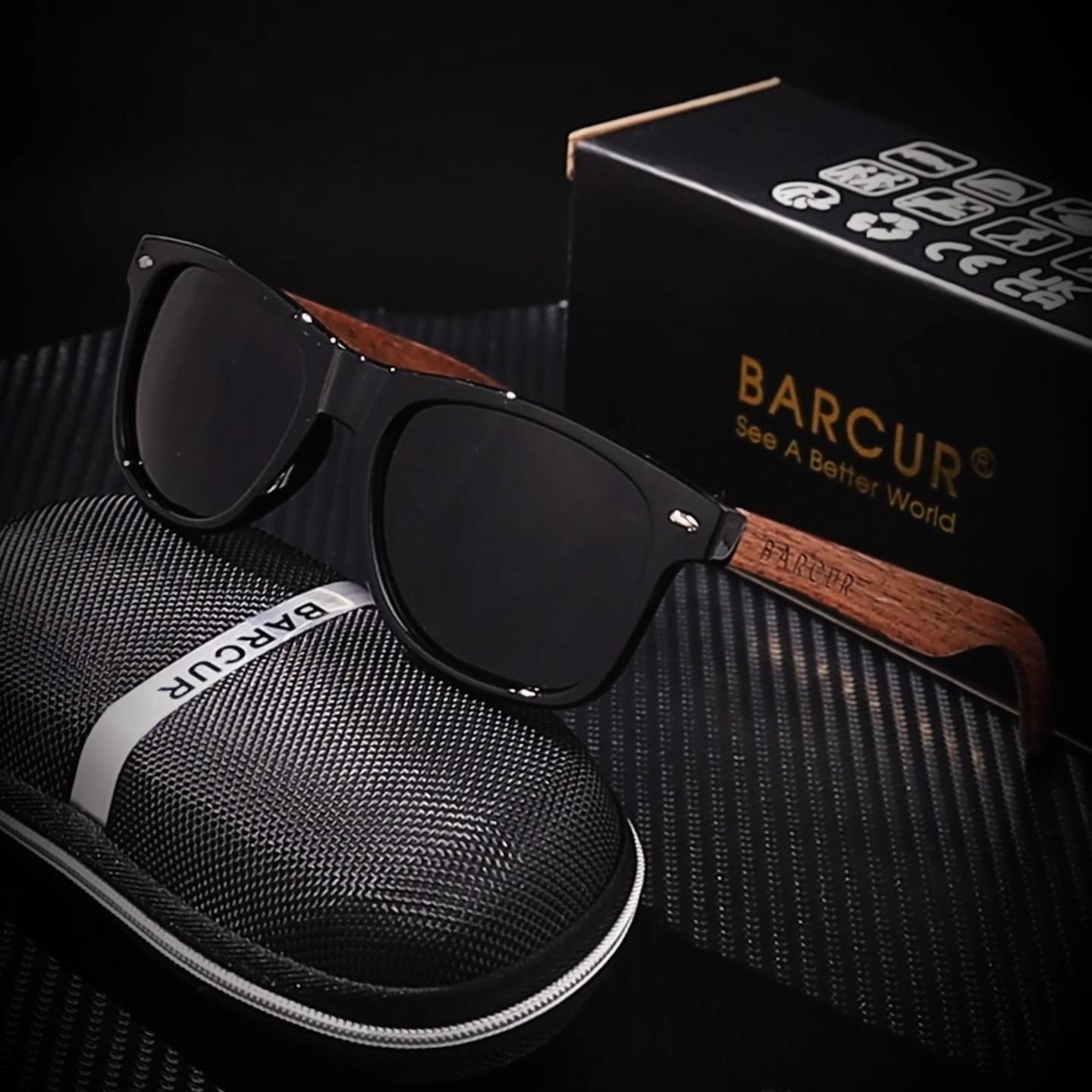 thumbnail video image 2 of BARCUR Black Walnut Sunglasses Wood Polarized Sunglasses Men And Women Glasses UV400 Protection Eyewear Original Box, Best Gift for Father's Day, 2 of 7