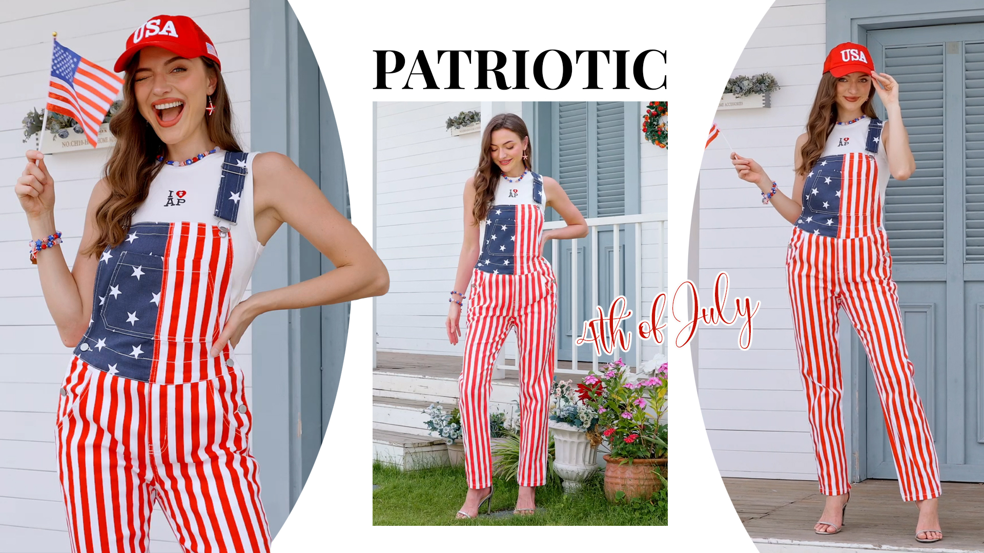 thumbnail video image 2 of 250th Anniversary American Flag Bib Overalls for Women 4th of July Outfits(Red White and Blue,M), 2 of 9