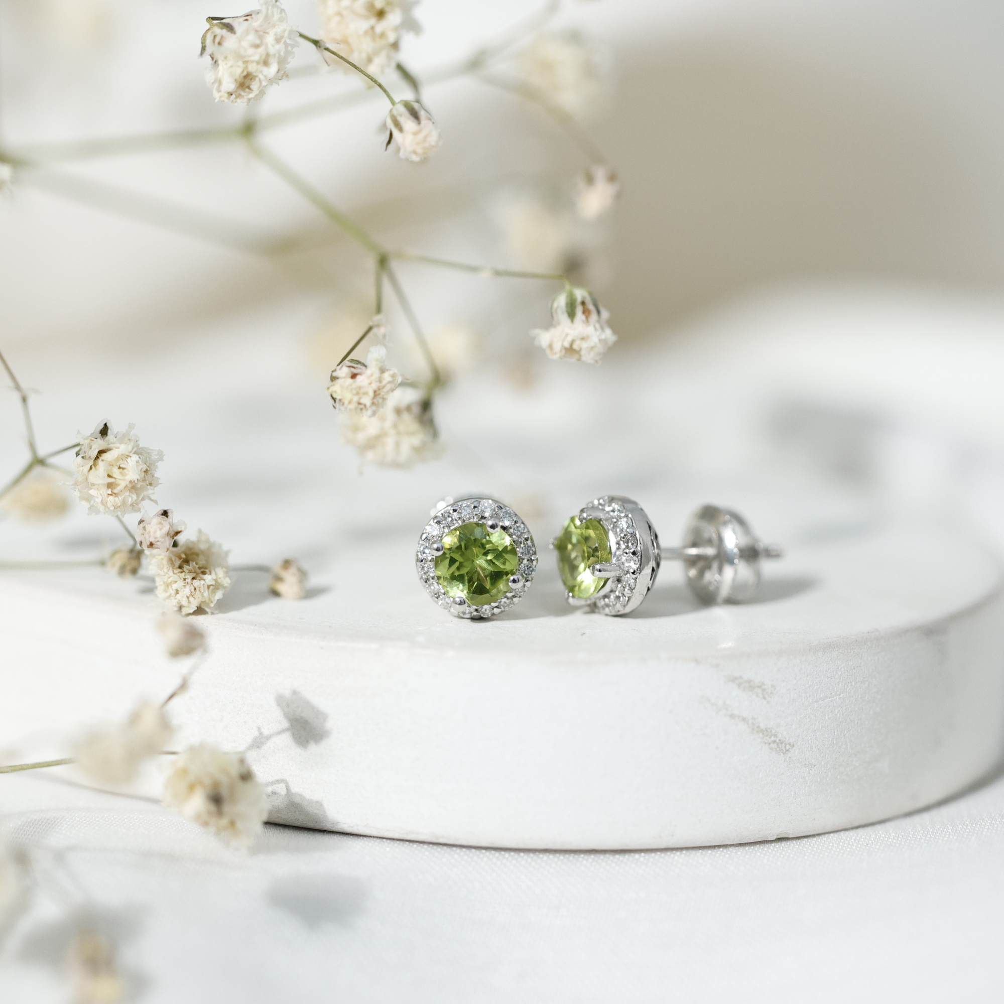 thumbnail video image 2 of Rosec Jewels Real Peridot Stud Earrings with Diamond Halo for Women - AAA Quality, 18K White Gold, 2 of 9