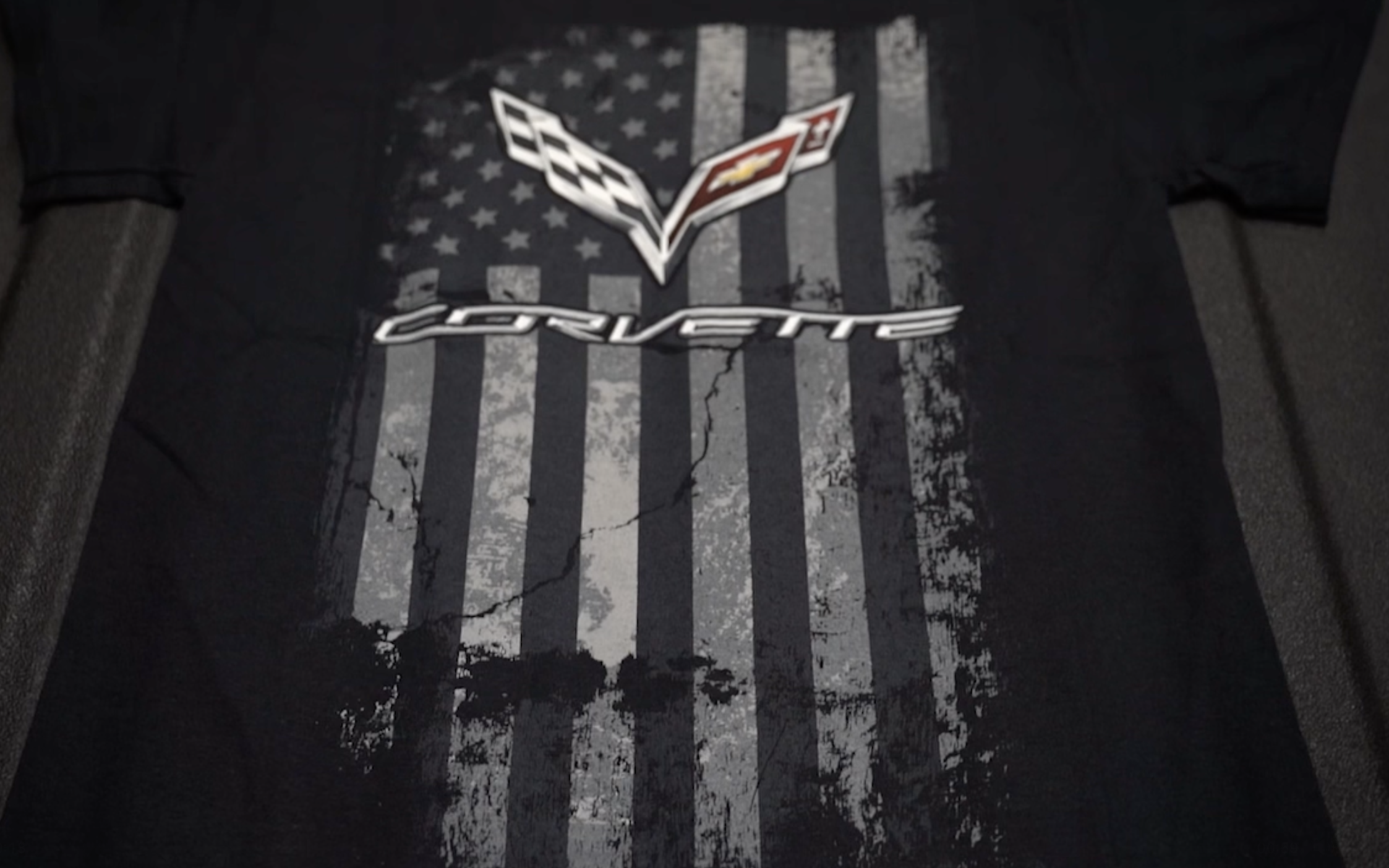 thumbnail video image 2 of JH Design Group Men's Chevy Corvette Distressed American Flag T-Shirt, 2 of 3