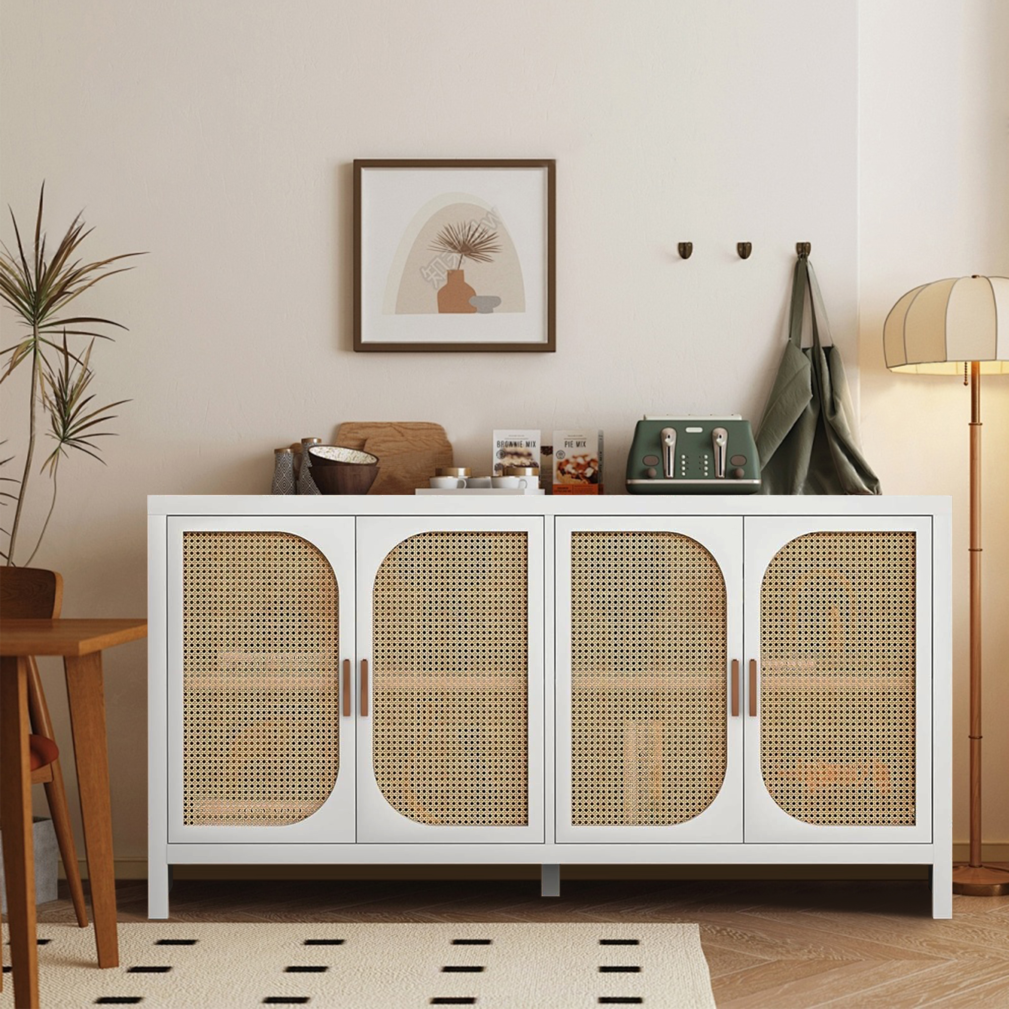 thumbnail video image 2 of Modern Rattan Sideboard Buffet Cabinet, Kitchen Storage Cabinet, Living Room TV Stand for TVs up to 65", Entertainment Center with Adjustable Shelf, for Dining Living Room Hallway, White, 2 of 10