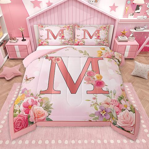 thumbnail video image 2 of Homewish Letter P Monogrammed Full Size Comforter Sets,Romantic Flower Bedding Comforter Set,Colorful Floral Bedding Sets For Girls Kids,Microfiber Room Decorative Reversible,3 Pieces, 2 of 9