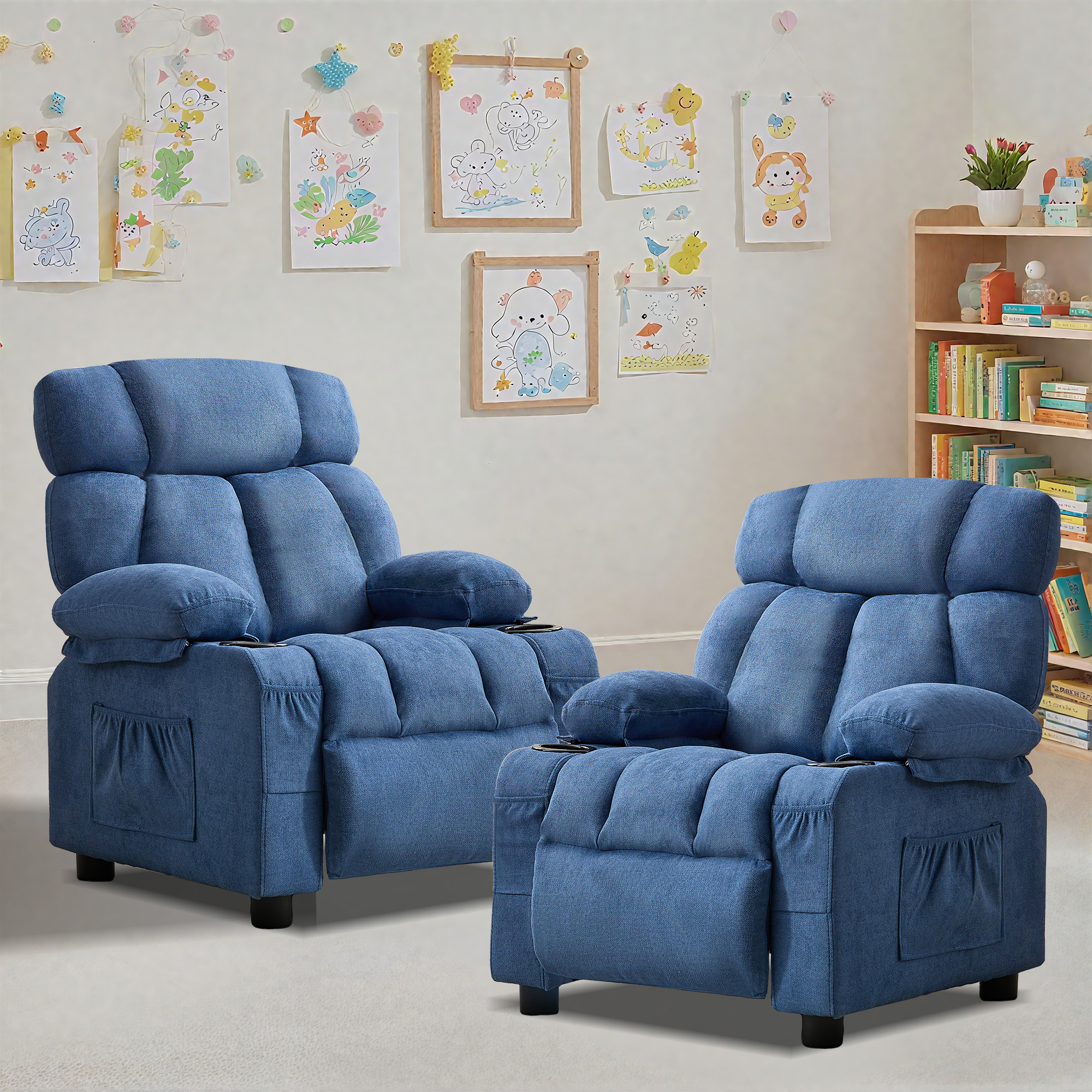 thumbnail video image 2 of JONPONY Kids Recliner Chair,Push Back Toddler Recliner with Cup Holders & Side Pockets,Adjustable Footrest & Headrest Kids Sofa for Boys Girls 3+ Age Group, Dark Blue, 2 of 11