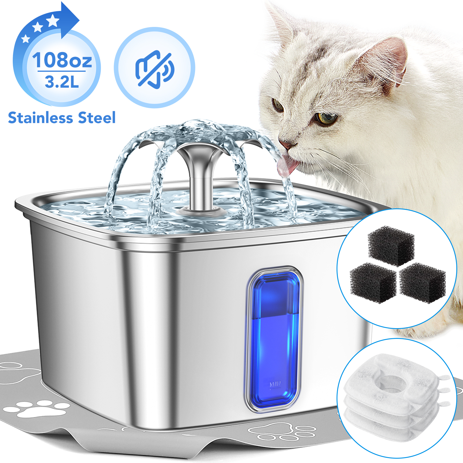 thumbnail video image 2 of Ophanie 108oz/3.2L Stainless Steel Cat Water Fountain with Replacement Filters & Silicone Mat, Automatic Water Dispenser for Cat and Dogs, Electric Drinking Bowl Suitable for Multiple Pets, Silver, 2 of 14