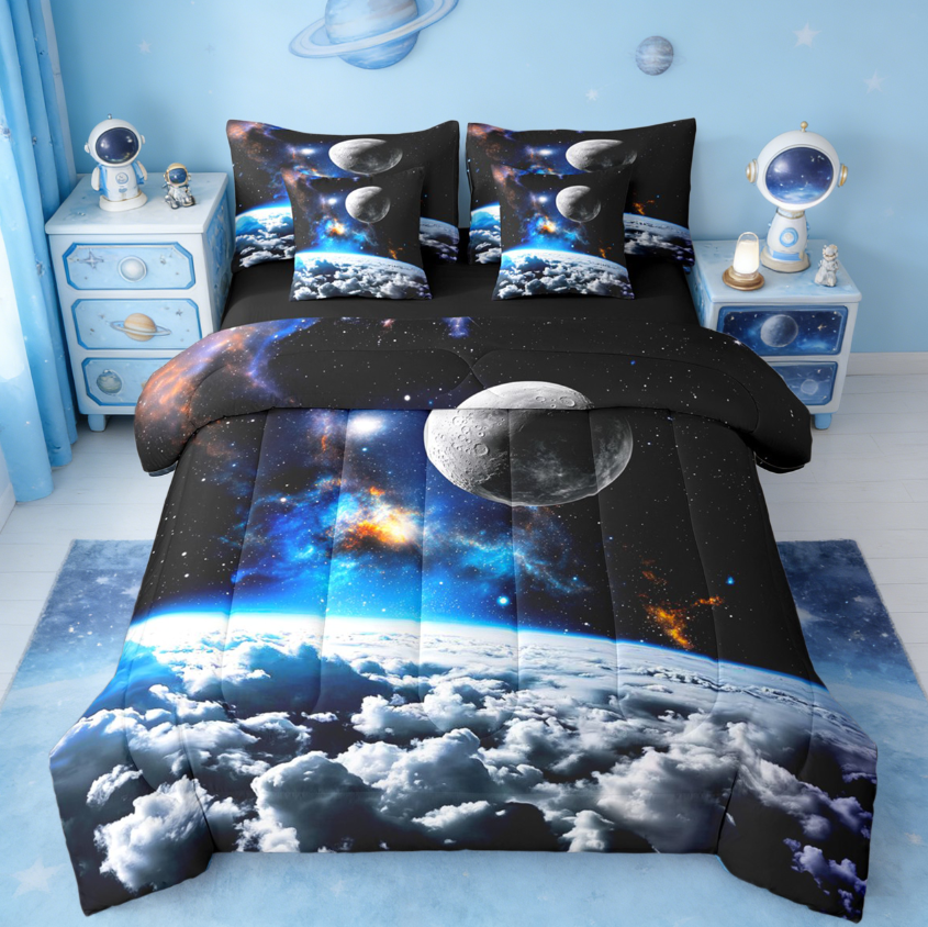 thumbnail video image 2 of jejeloiu Universe Pattern Bedding Comforter Set 7-Piece,Space Theme King Bedding Sets,Galaxy Starry Night Bed Sheets Teens,Super Cozy Room Decor Reversible, 2 of 9
