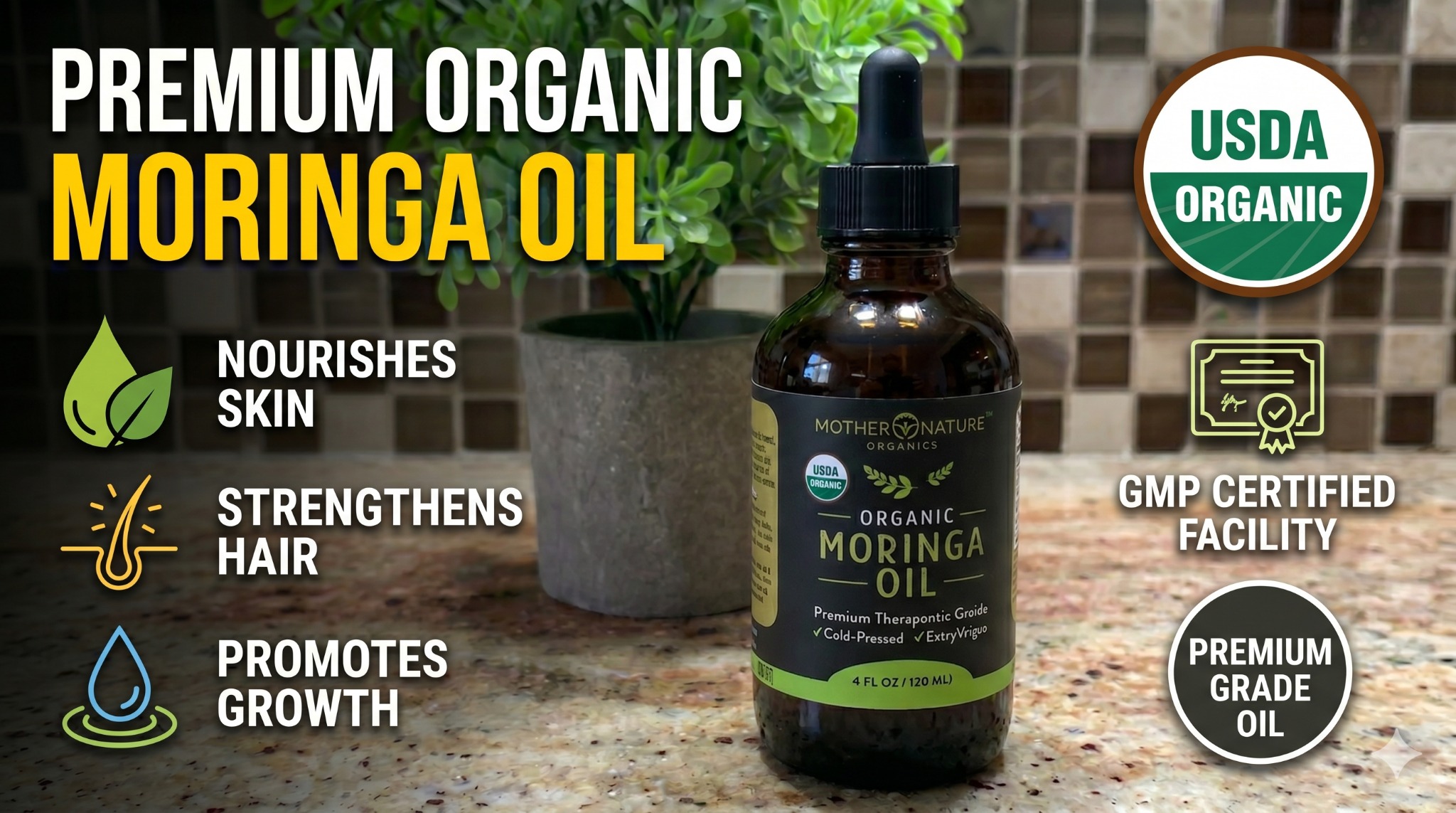 thumbnail video image 2 of Mother Nature USDA Organic Moringa Seed Oil, 100% Pure, Cold-Pressed, Unrefined Oil for Face, Skin Care & Hair Growth, Aceite de Moringa para la Cara, Anti-Aging. Non-GMO & Gluten Free (2 oz), 2 of 10