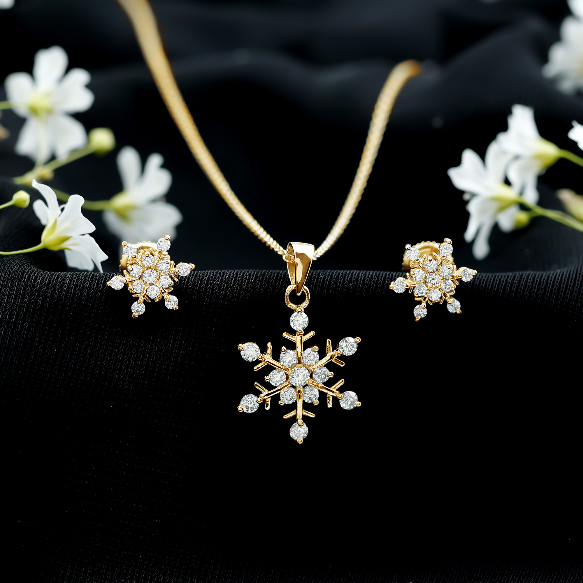 thumbnail video image 2 of Rosec Jewels Certified Moissanite Snowflake Necklace and Earring Set for Women - D-VS1 Quality - Gift for Christmas with Jewelry Box, 14K Yellow Gold, 2 of 8