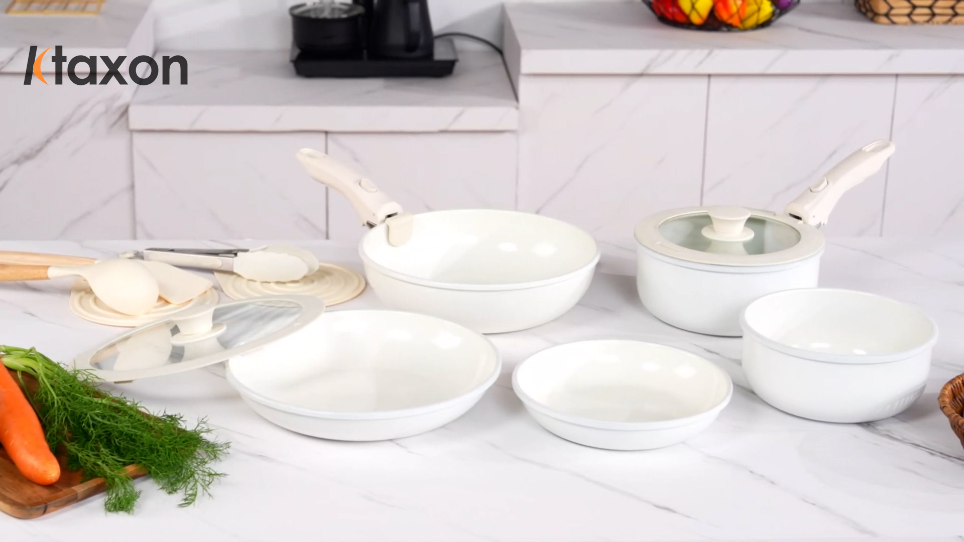 thumbnail video image 2 of Ktaxon 19pcs Nonstick Cookware Set with Detachable Handle, 5 Pots and Pans Set Aluminum Kitchen Cooking Set, Induction Safe, Cream White, 2 of 10