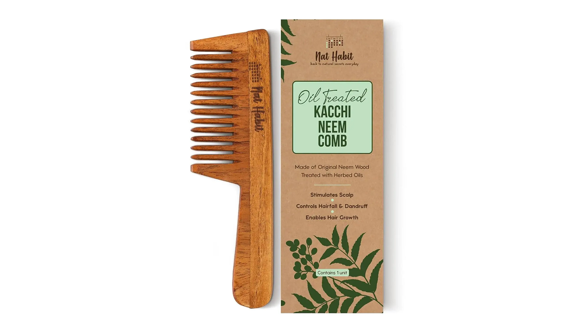 thumbnail video image 2 of Nat Habit Kacchi Neem Wide Tooth Wooden Hair Comb, Detangling, Frizz Control & Shine, Brown Solid Print, 2 of 9