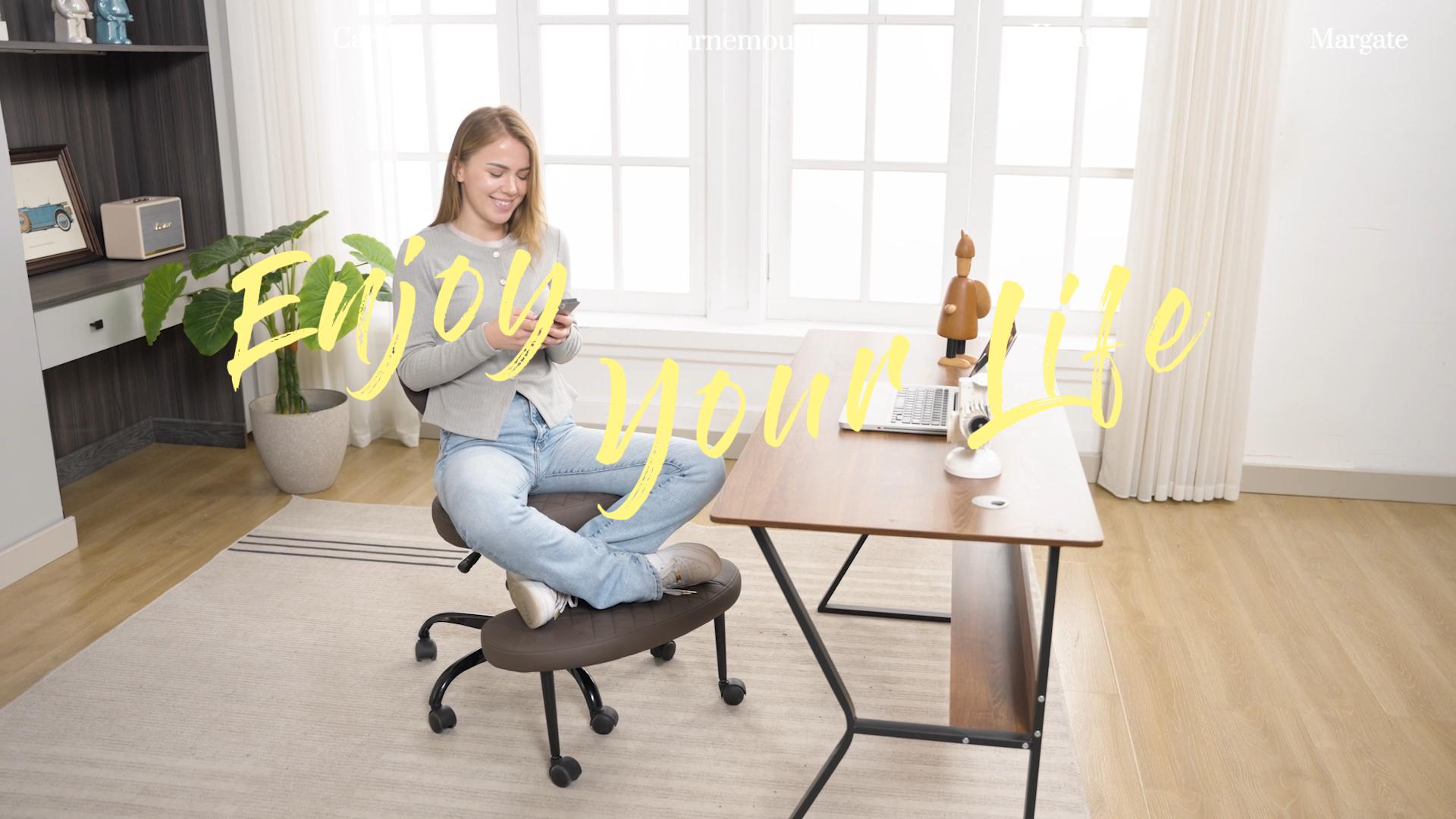 thumbnail video image 2 of ATHOPE Cross Legged Office Chair, Leather Erogonomic ADHD Chair with Wheels, Height Adjustable Criss Cross Desk Chair with Back Support, 360°Swivel Kneeling Chair for Meditation, Black, 2 of 9