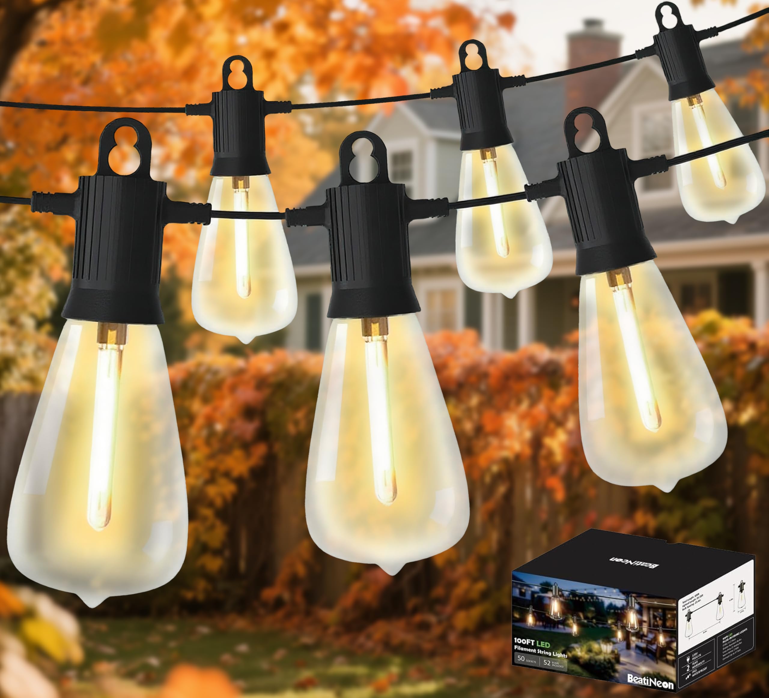 thumbnail video image 2 of BeatiNeon Outdoor String Lights, 100 Feet ST38 LED Patio Lights with 52 Edison Plastic Bulbs(2 Spare), Waterproof Connectable Hanging Lights for Backyard Porch Balcony Party Decor,E12 Socket Base, 2 of 13