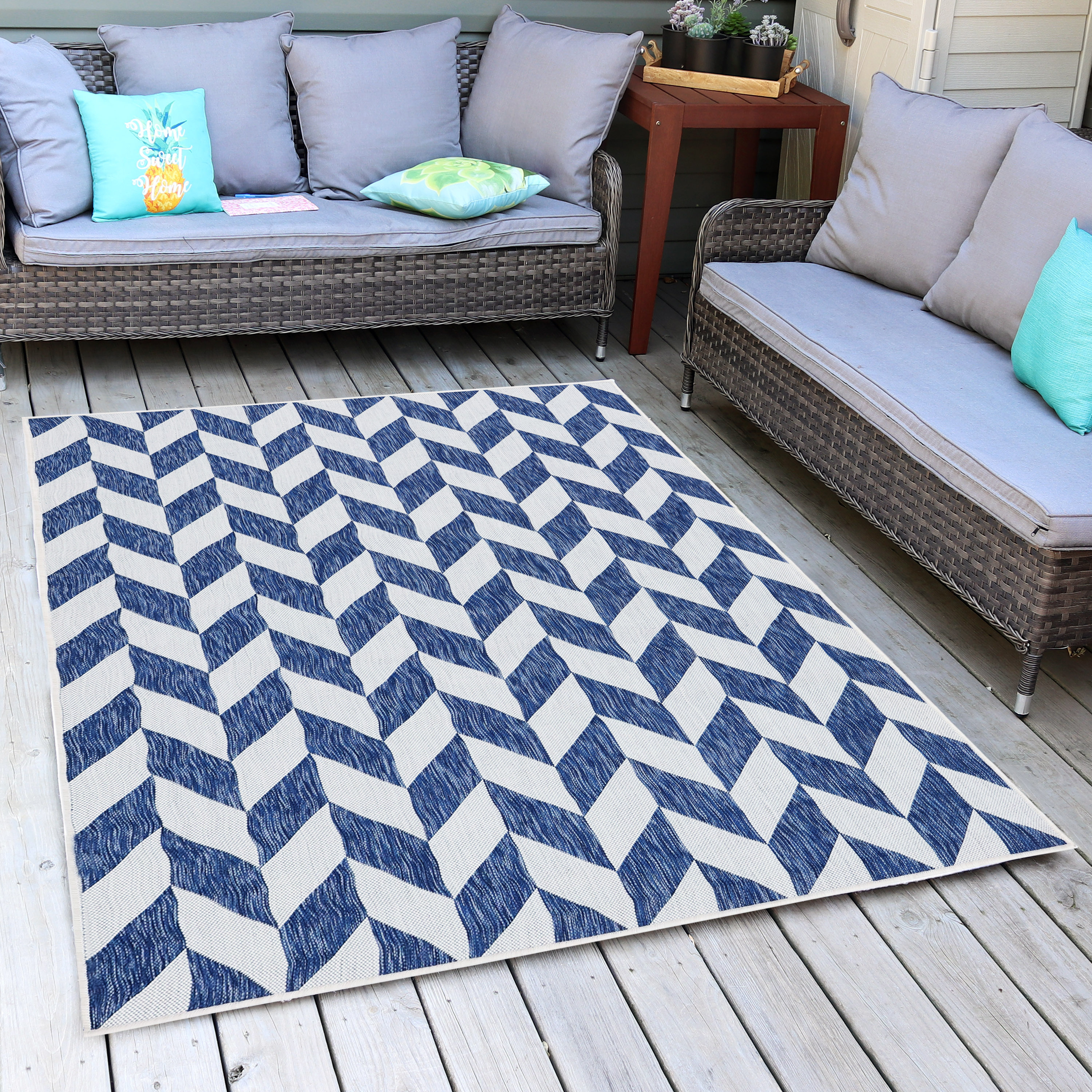 thumbnail video image 2 of Sunnydaze Dreams Classic Flat Weave Blue Chevron Outdoor Area Rug, 5' x 7', 2 of 8