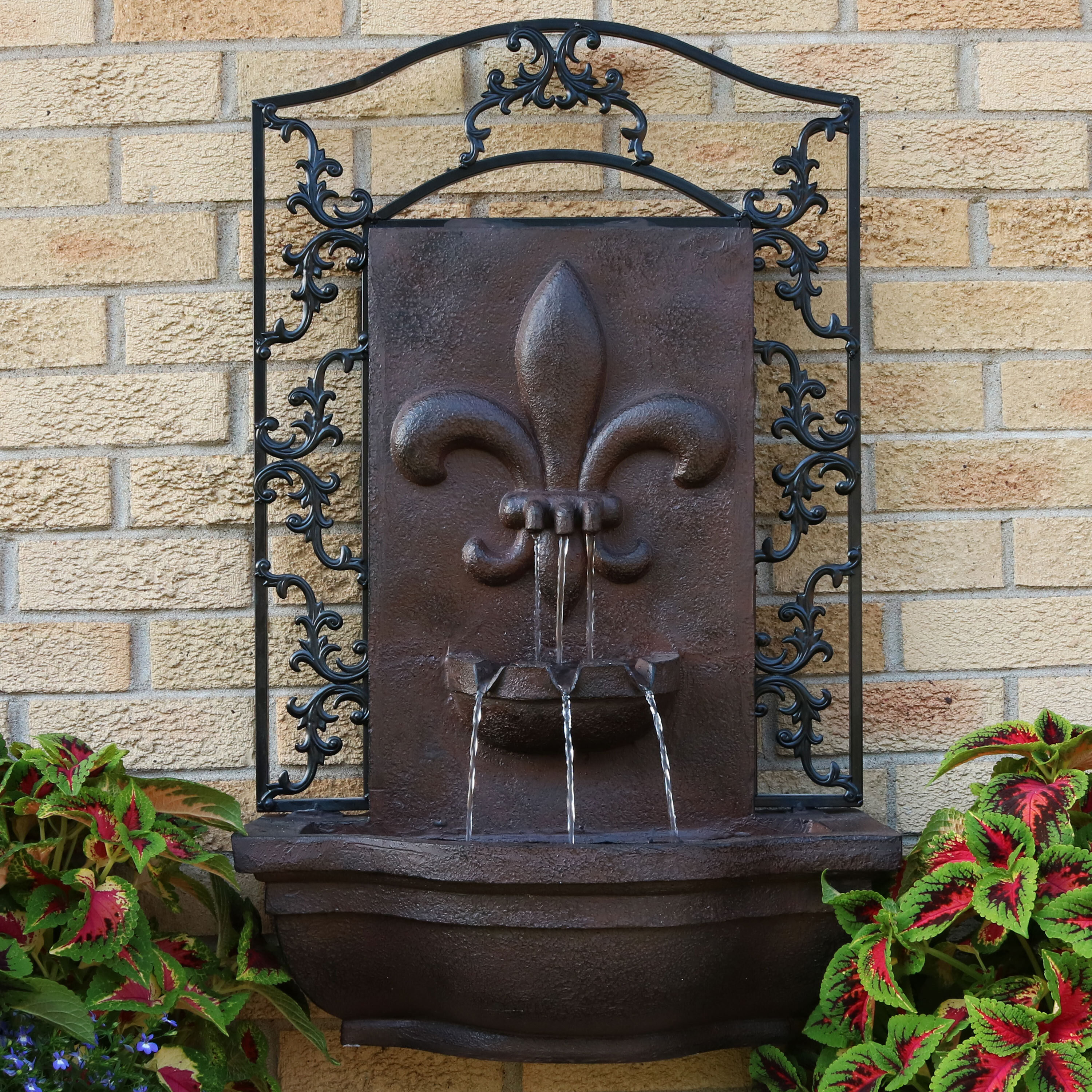 thumbnail video image 2 of Sunnydaze French Lily Polystone Outdoor Solar Wall Fountain, Florentine, 2 of 10