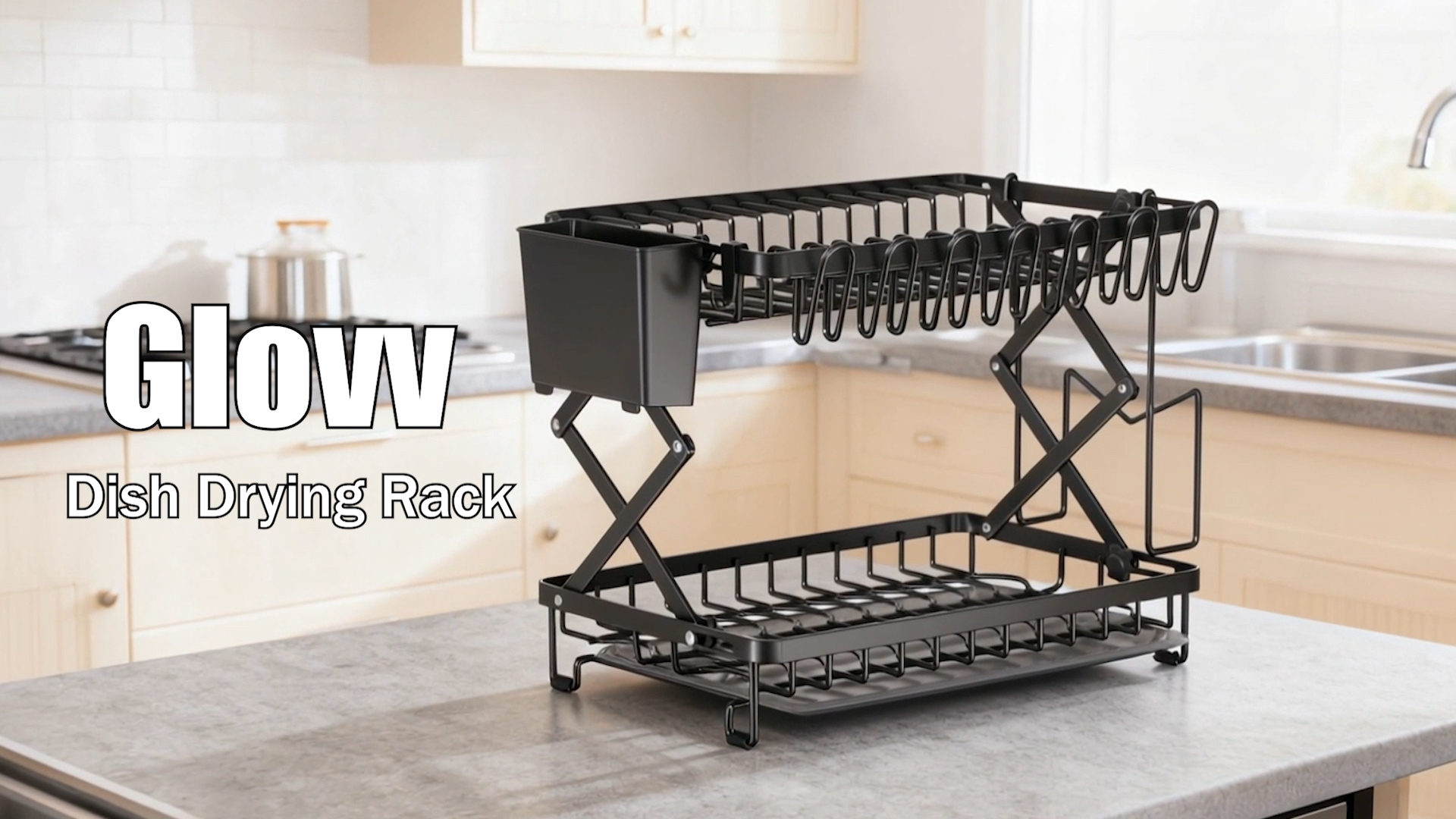 thumbnail video image 2 of Glovv 2-Tier Large Dish Racks for Kitchen Counter, Space Saving Collapsible Dish Drying Rack, Dish Drainer Sink Organizer with Utensil Holder for Dishes, Spoons and Forks, White, 2 of 11