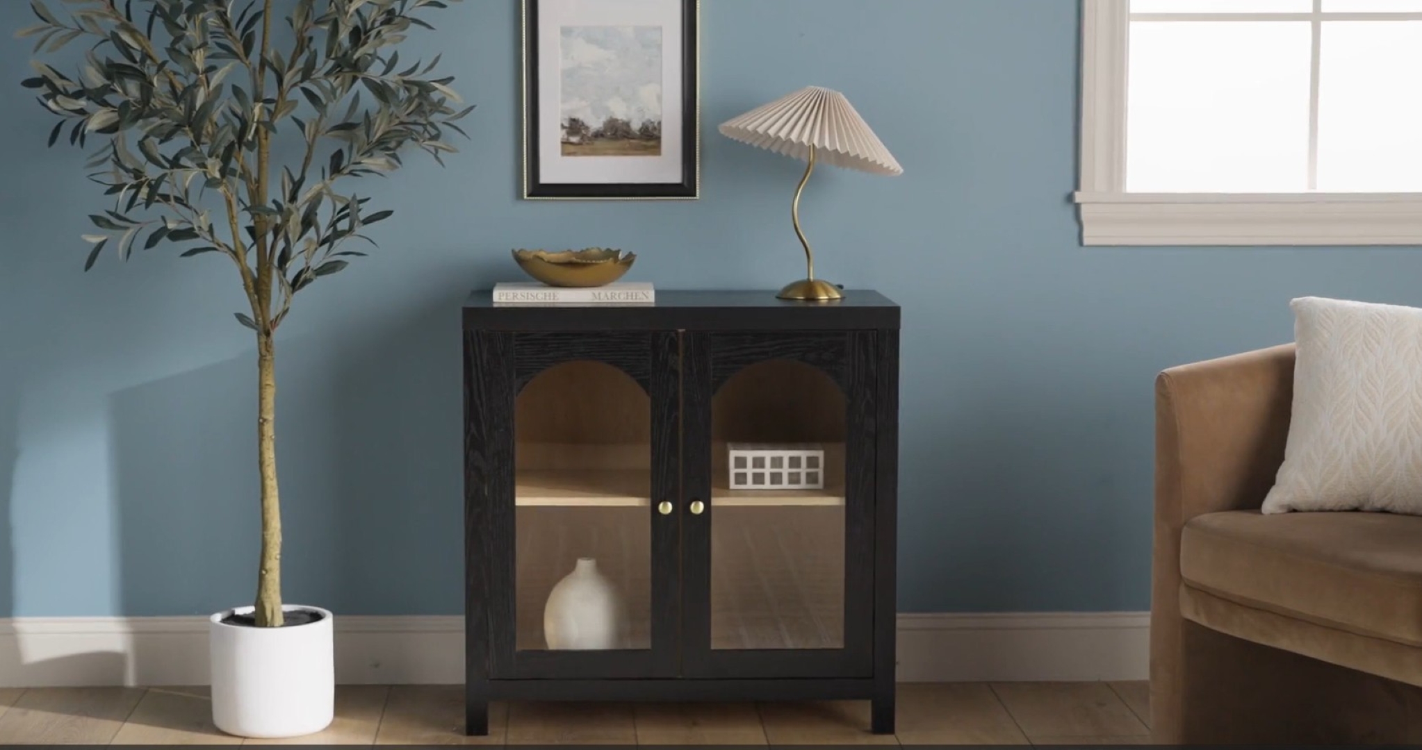 thumbnail video image 2 of Sasha Modern Arched Glass Accent Cabinet with Brass Hardware, Black, 2 of 15